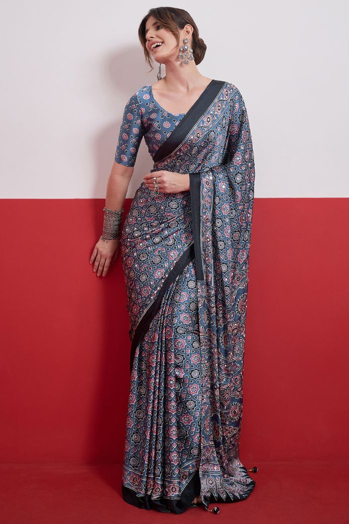 Buy MySilkLove Ocean Blue Modal Ajrakh Satin Printed Mirror Work Saree Online