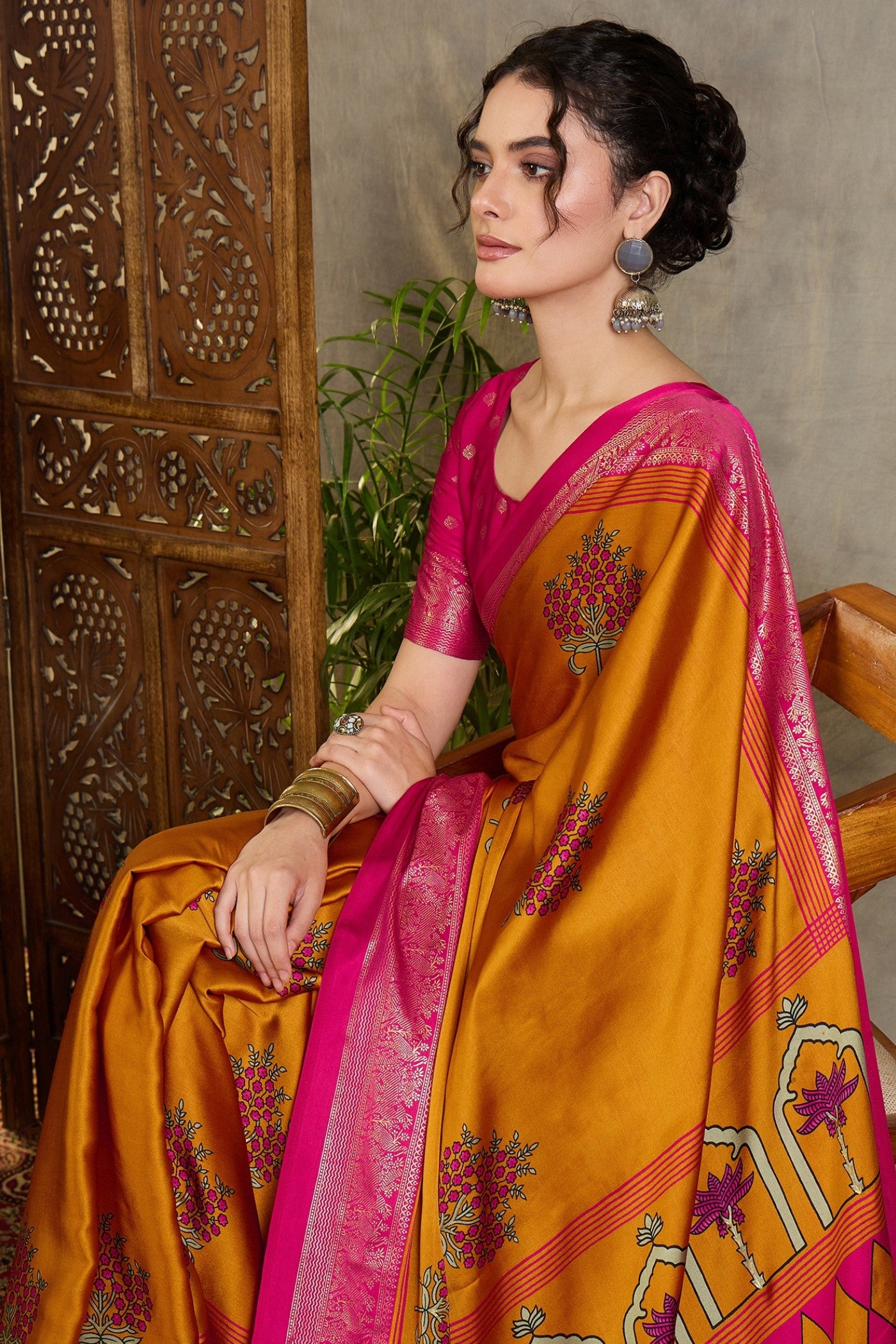 Buy MySilkLove Sunspill Yellow and Pink Printed Satin Crepe Silk Saree Online