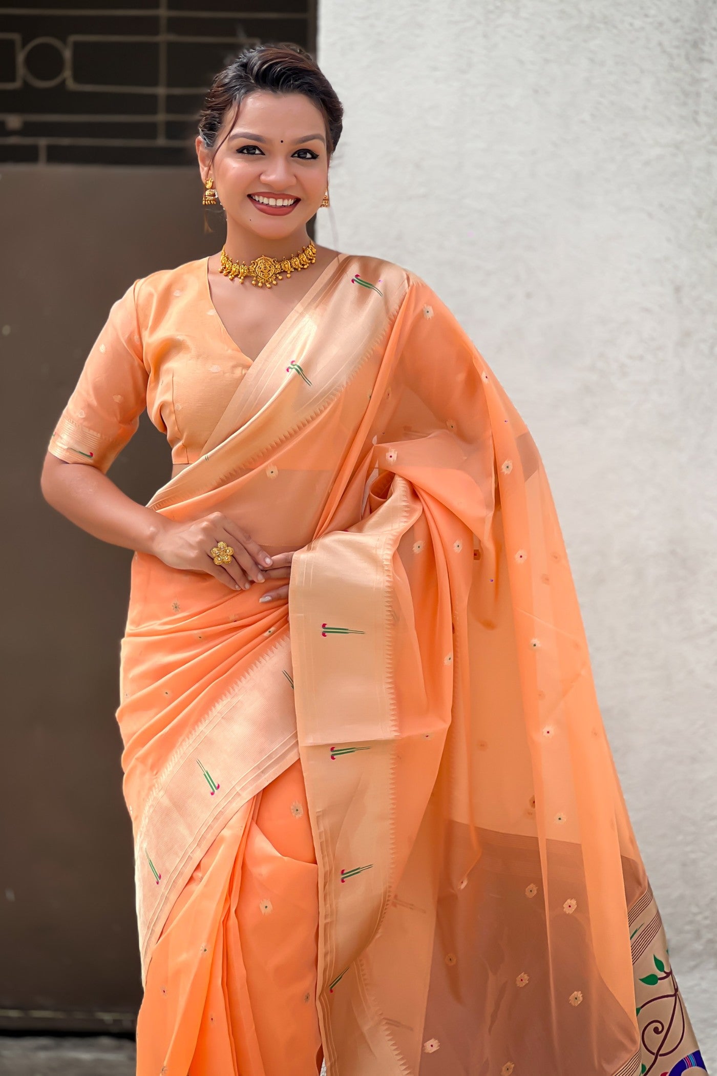 Buy MySilkLove Sunset Peach Organza Woven Paithani Saree Online