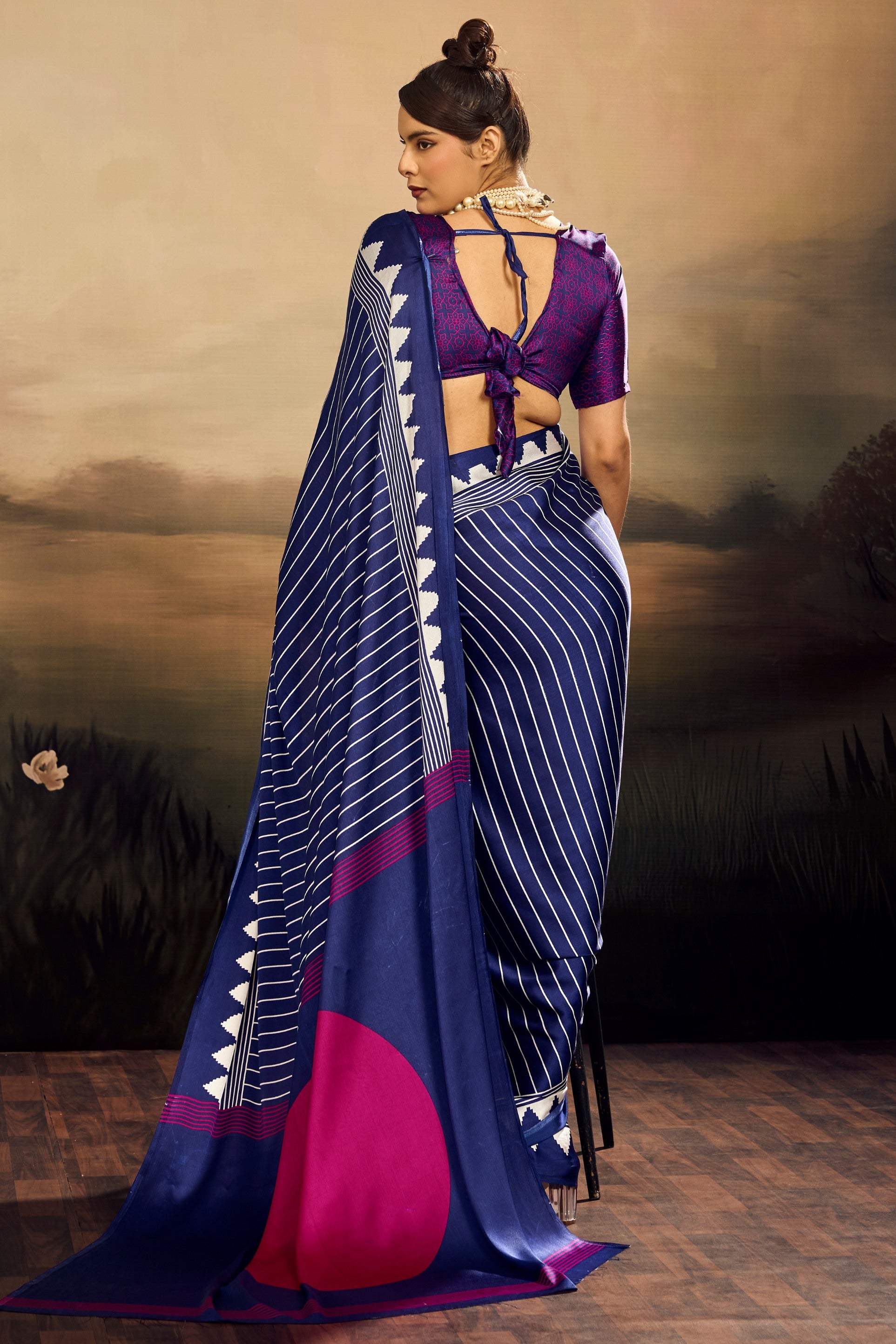 Buy MySilkLove Polynesian Blue Ajrakh Printed Satin Crepe Silk Saree Online