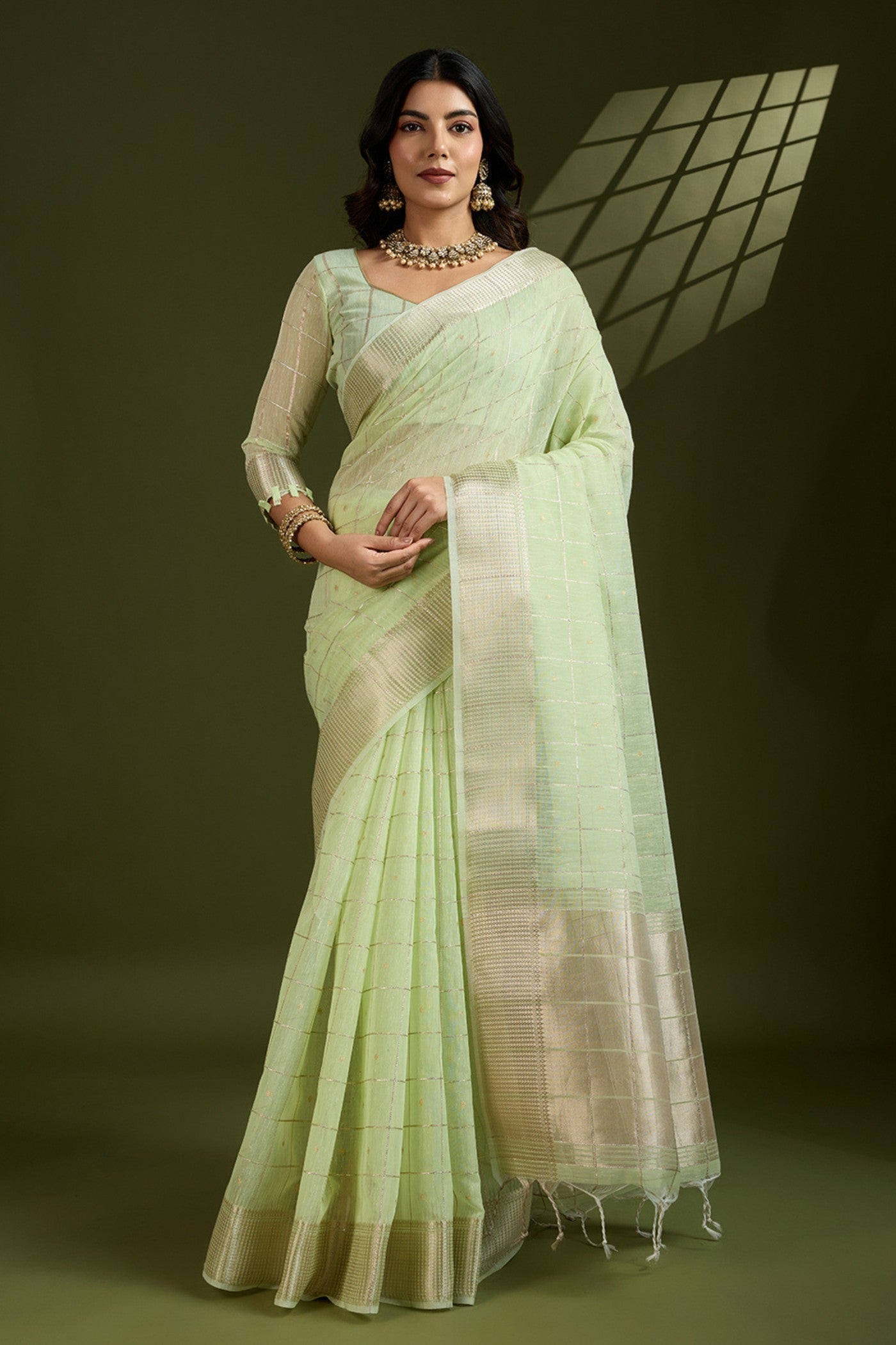 Buy MySilkLove Pista Green Woven Tissue Linen Saree Online