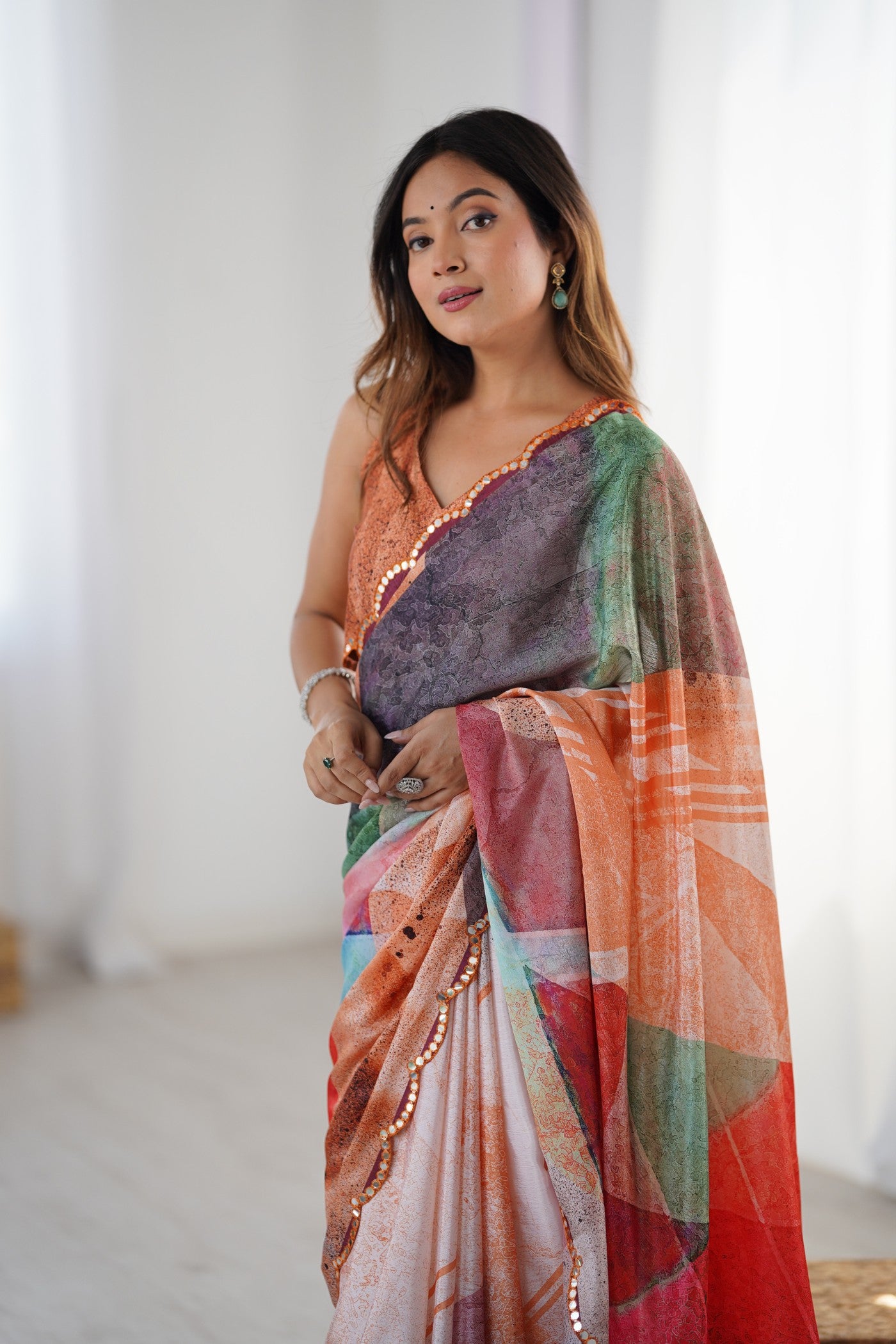 Buy MySilkLove Orange Multicolor Chinon Partywear Saree Online