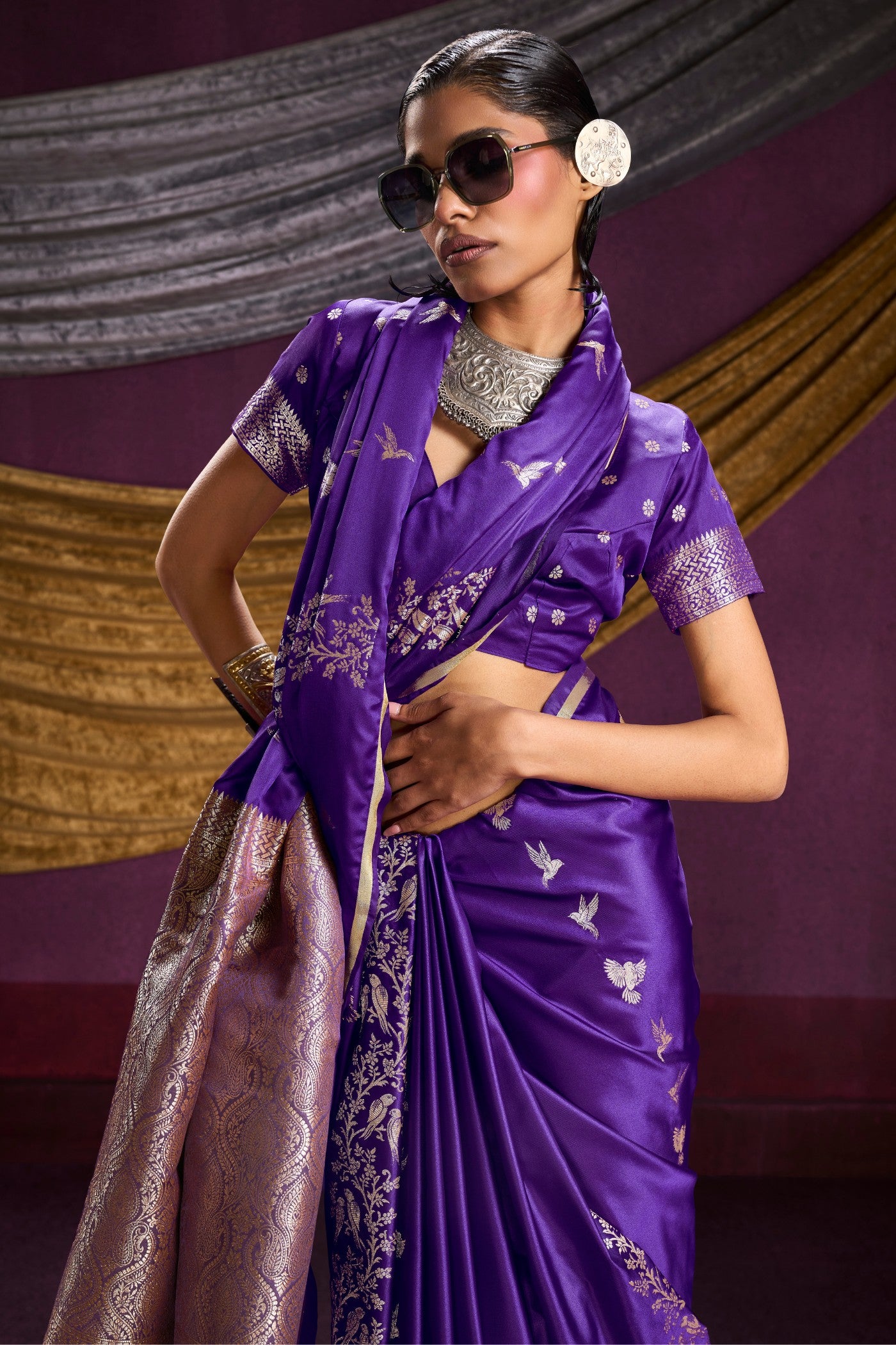 Buy MySilkLove Raisin Purple Handloom Satin Silk Saree Online