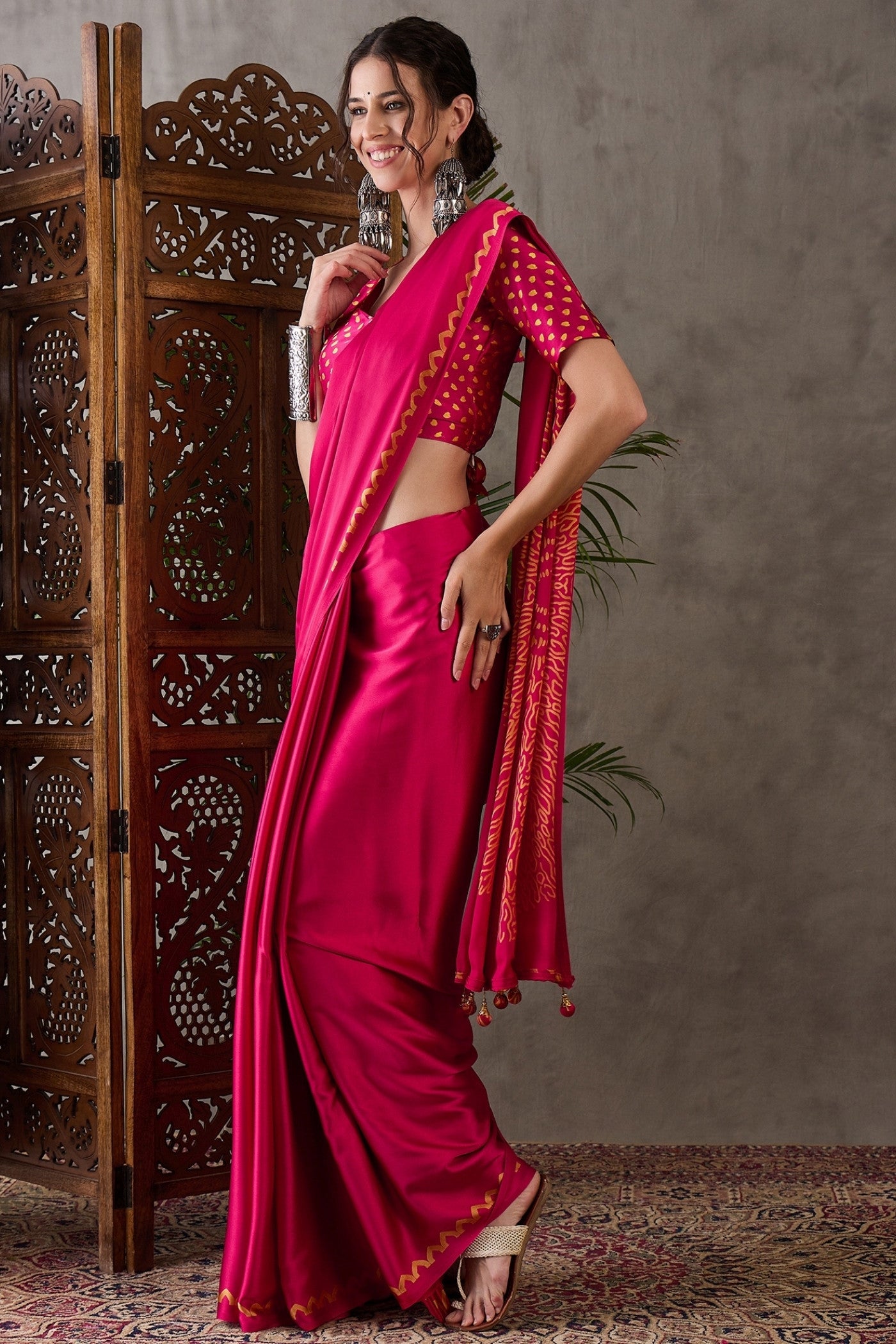 Buy MySilkLove Magenta Pink Printed Satin Gaji Silk Saree Online