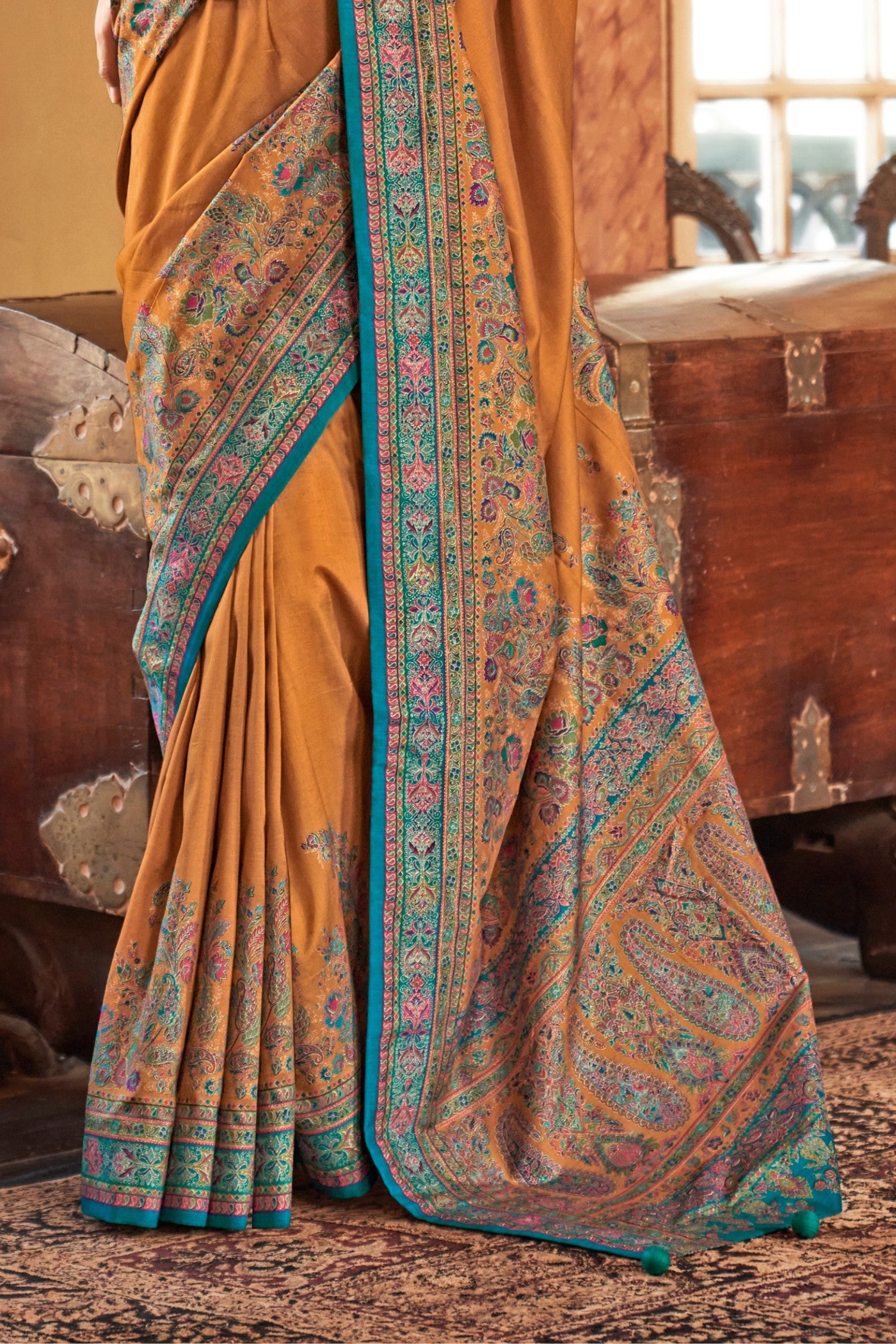 Buy MySilkLove Flaxen Yellow Printed Banarasi Saree Online