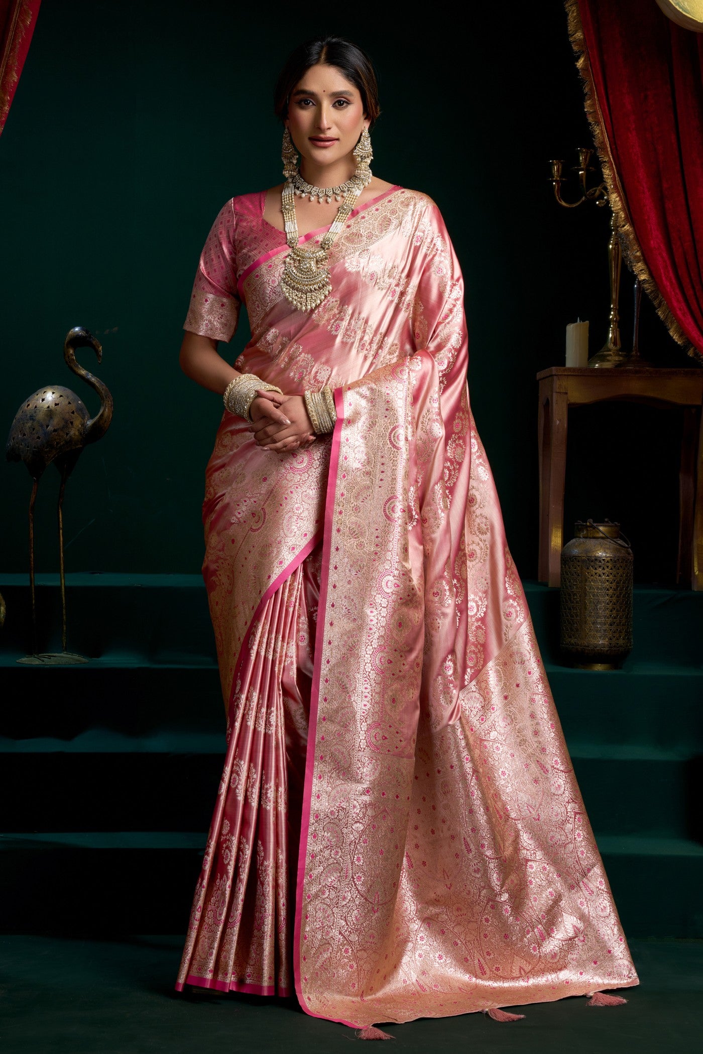 Buy MySilkLove Bubblegum Pink Banarasi Handloom Satin Soft Silk Saree Online
