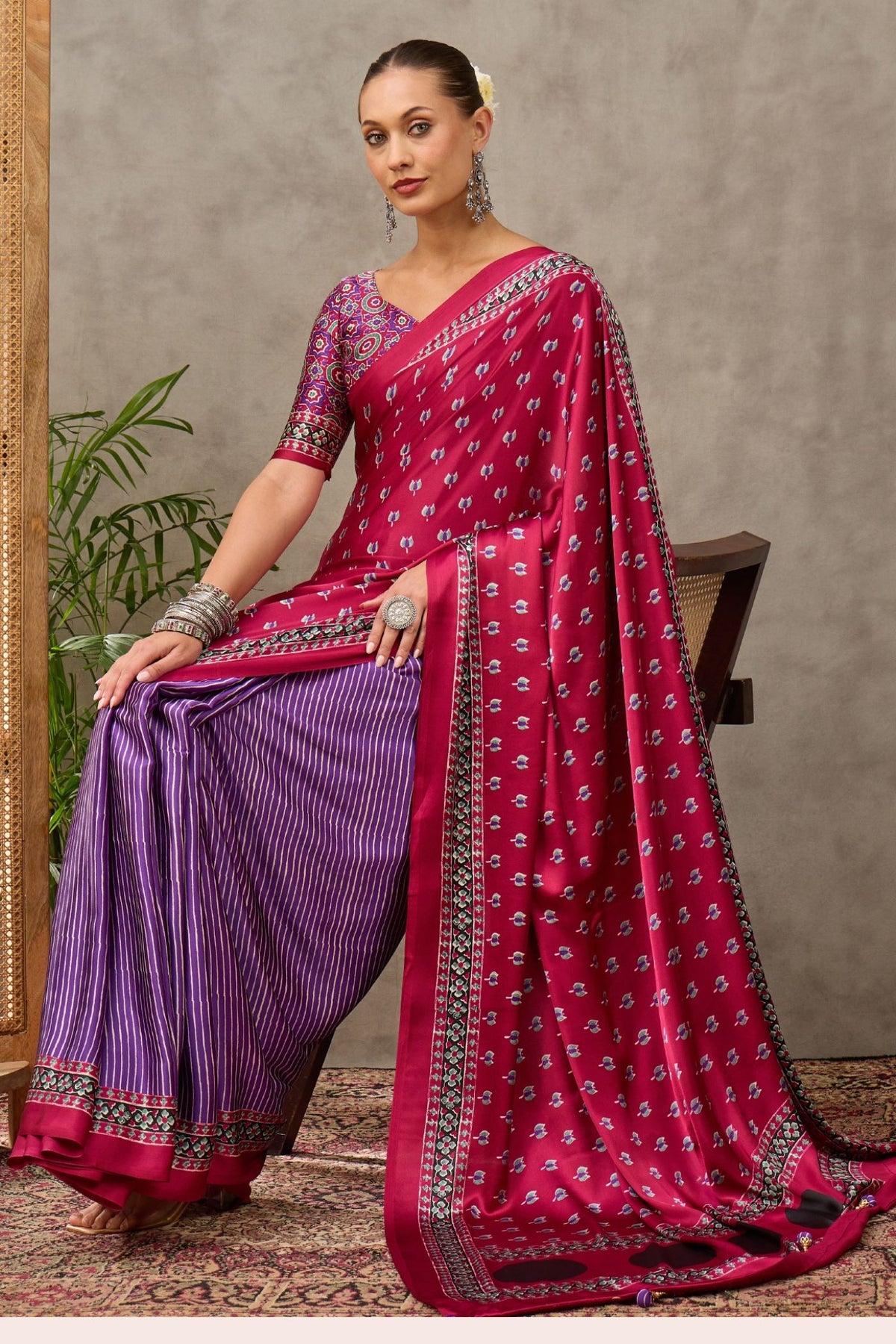 Buy MySilkLove Ruby Maroon and Purple Modal Satin Printed Silk Saree Online