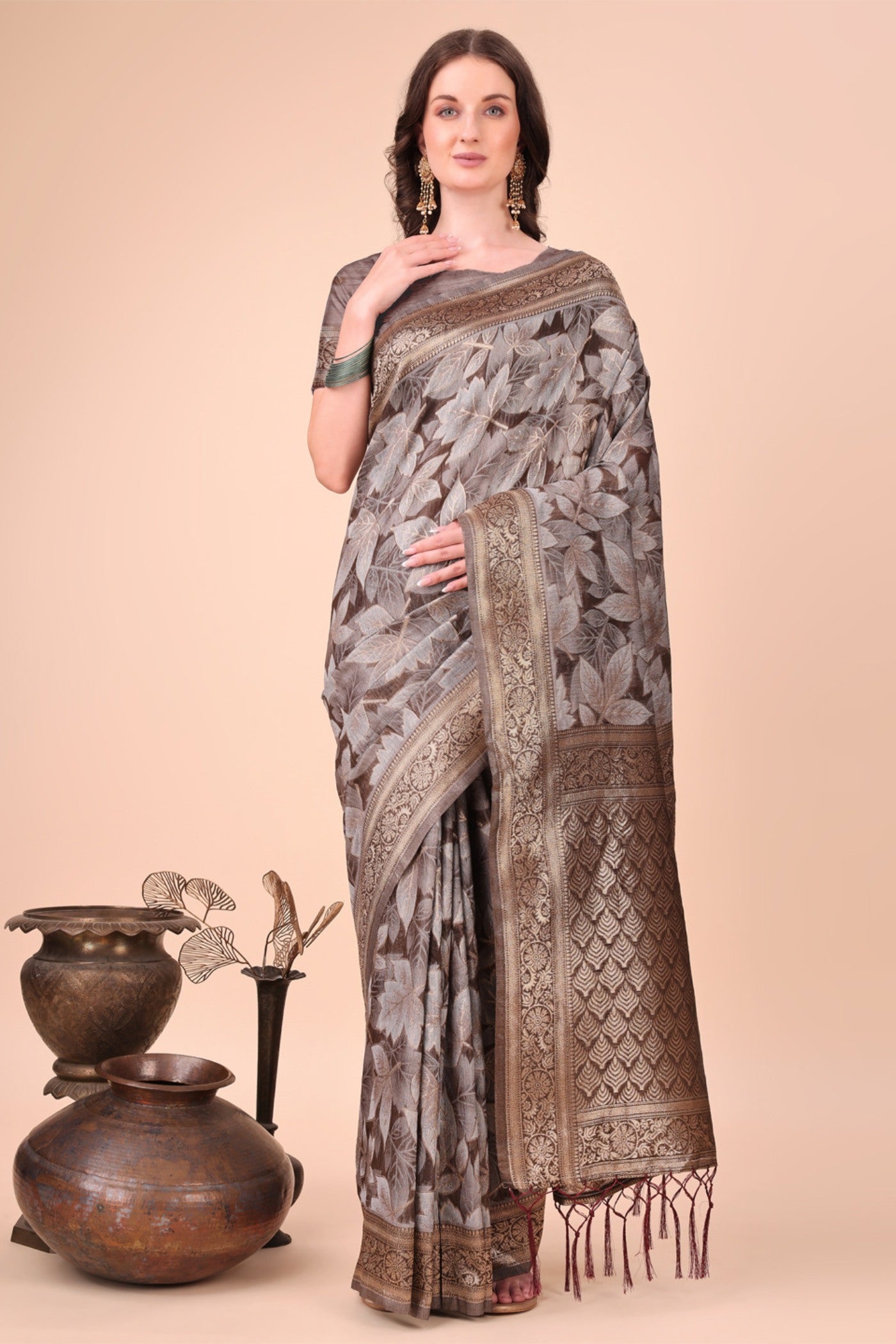 Buy MySilkLove Mocca Brown Woven Cotton Saree Online