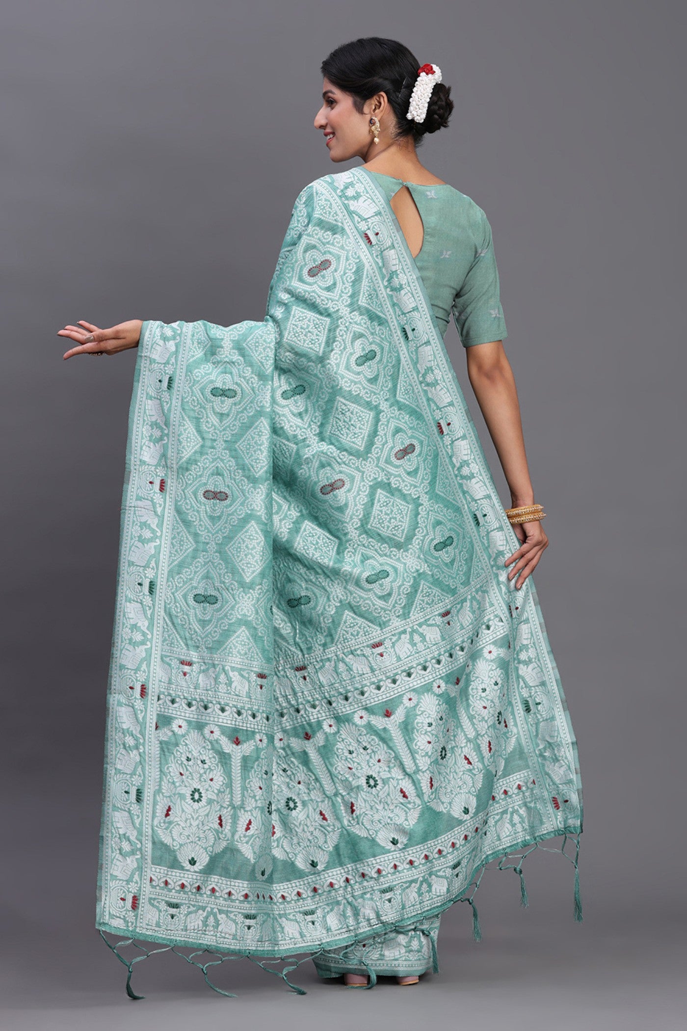 Buy MySilkLove Myrtle Green Linen Cotton Saree Online