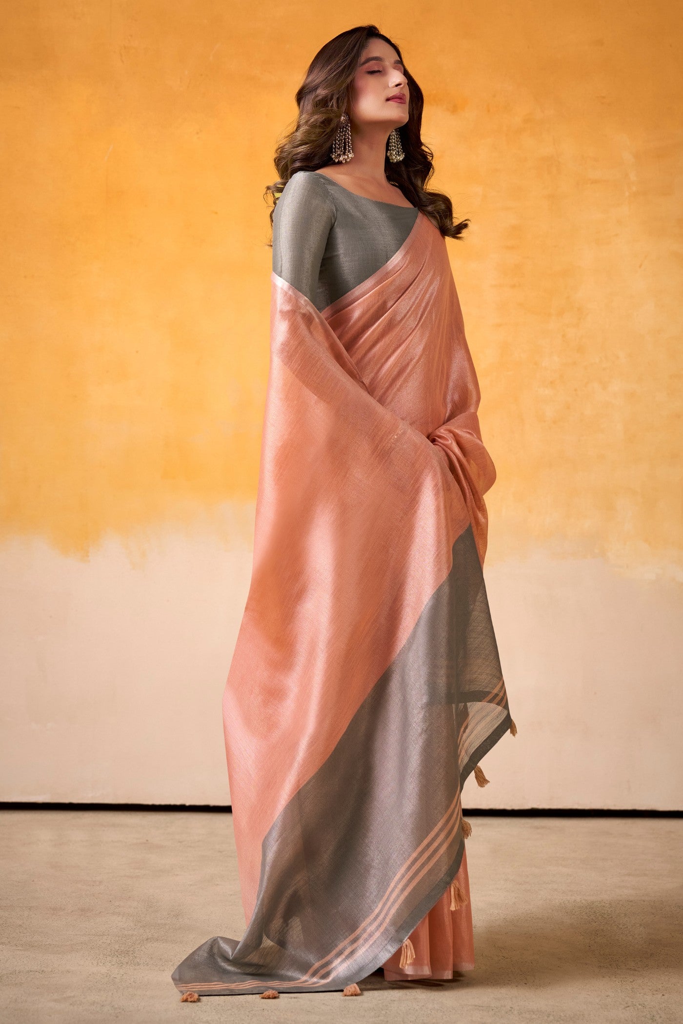 Buy MySilkLove Rustic Peach and Grey Woven Tissue Silk Saree Online