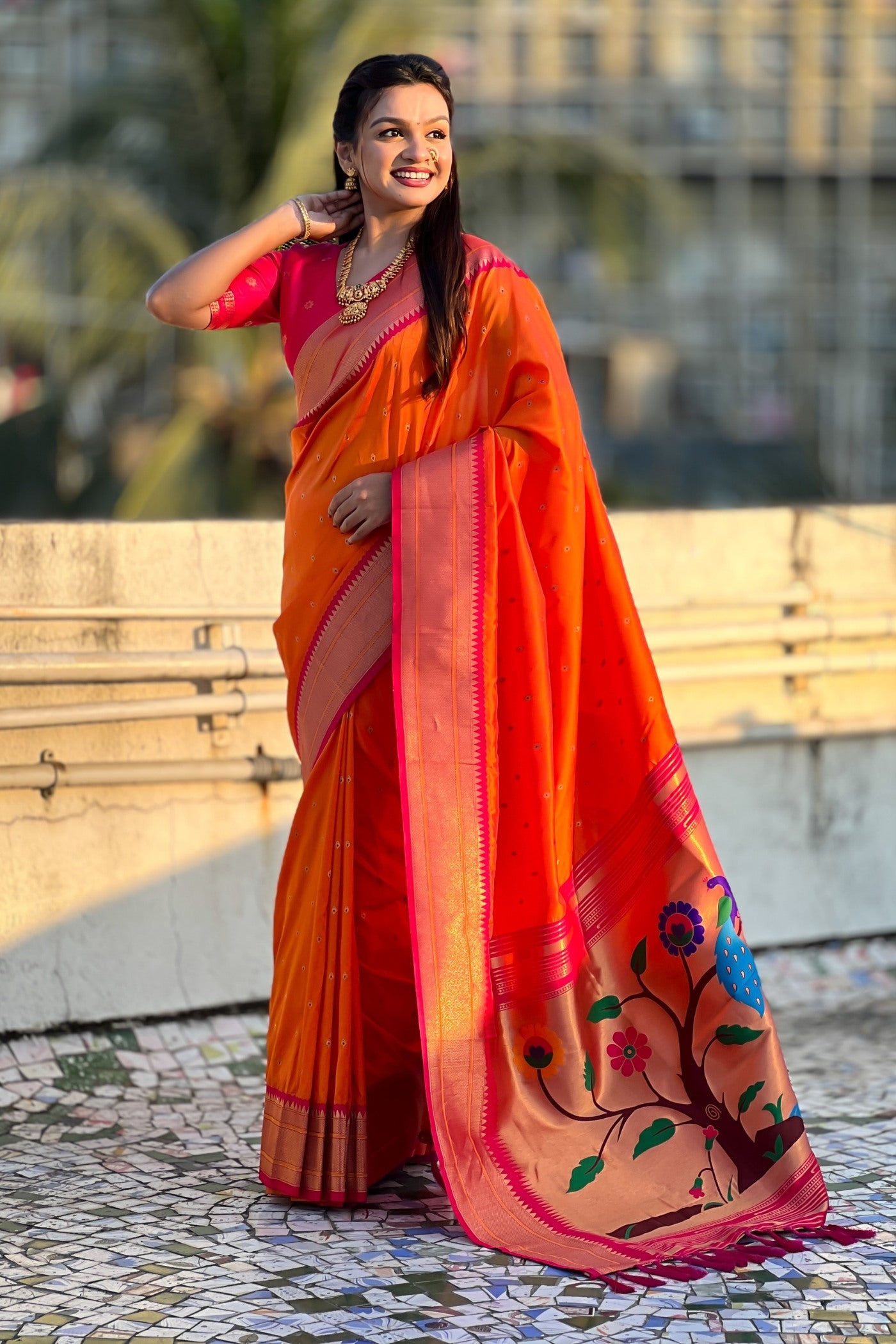 Buy MySilkLove Pumpkin Orange Zari Woven Paithani Saree Online