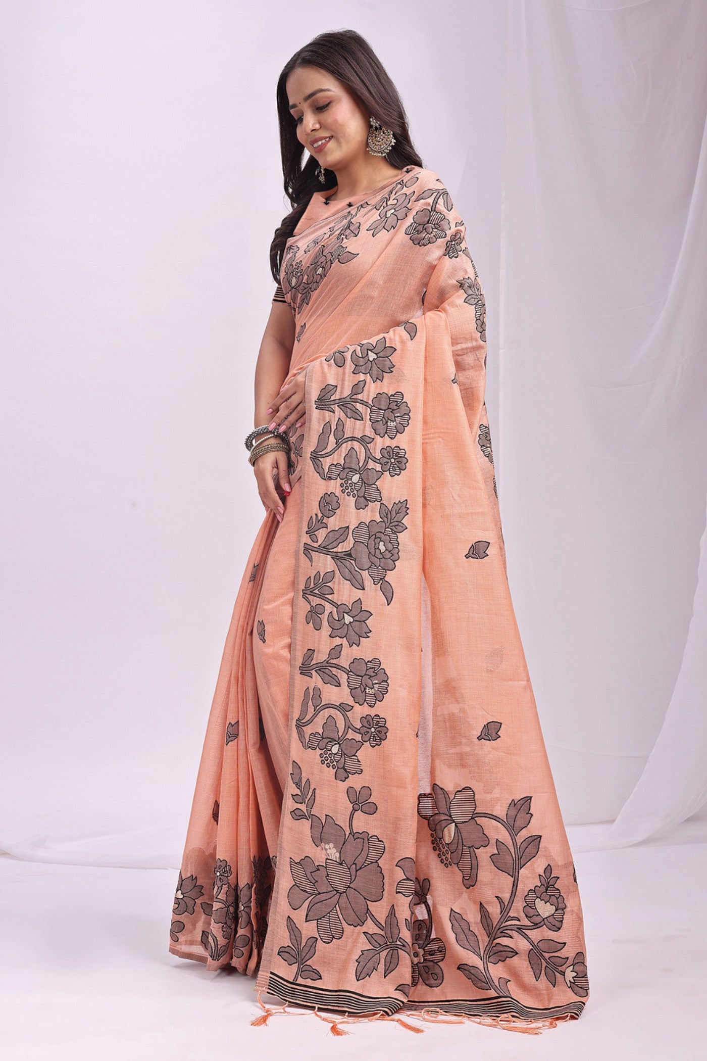 Buy MySilkLove Neon Orange Woven Linen Cotton Saree Online