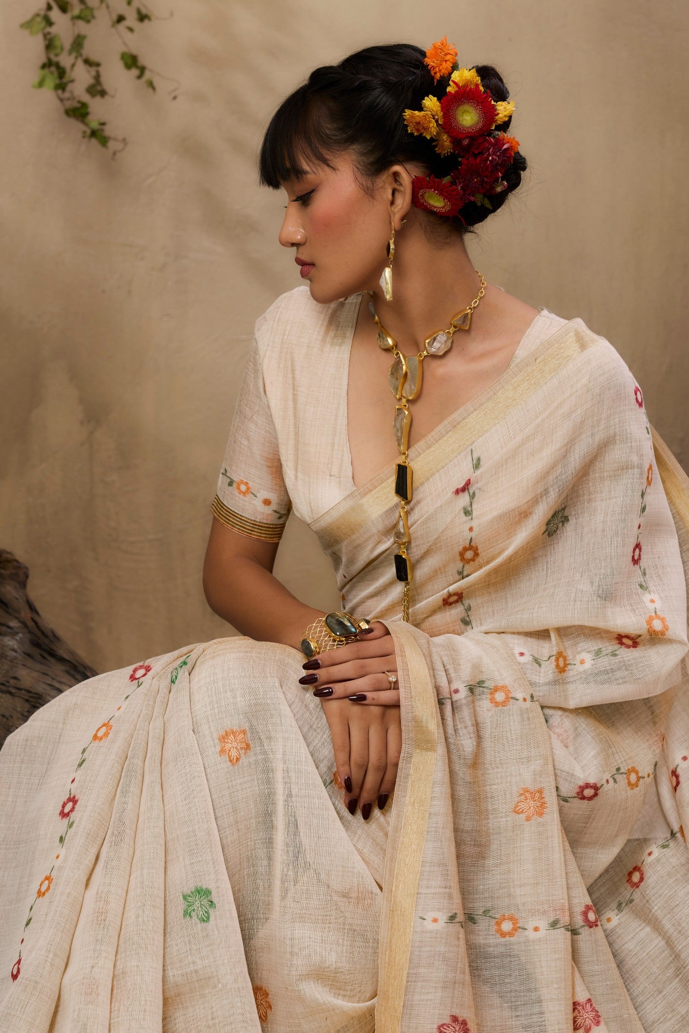 Buy MySilkLove Milklace Cream Handloom Muga Cotton Saree Online