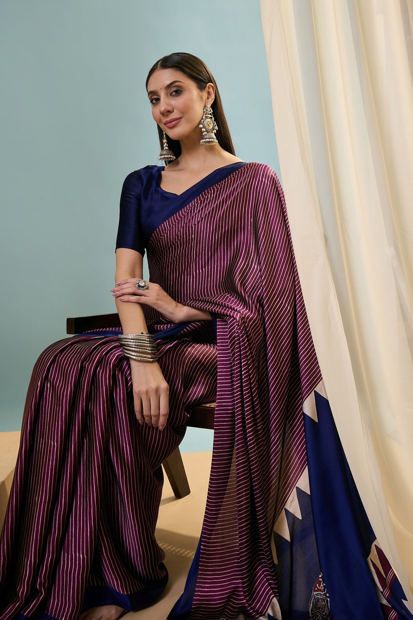 Buy MySilkLove Dark Purple Ajrakh Printed Satin Crepe Silk Saree Online
