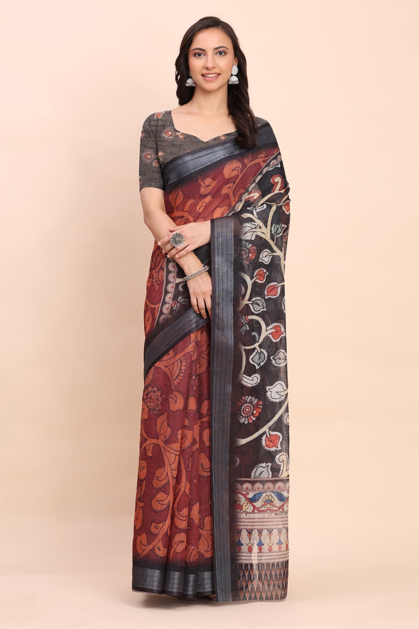 Buy MySilkLove Brick Red Woven Linen Cotton Saree Online