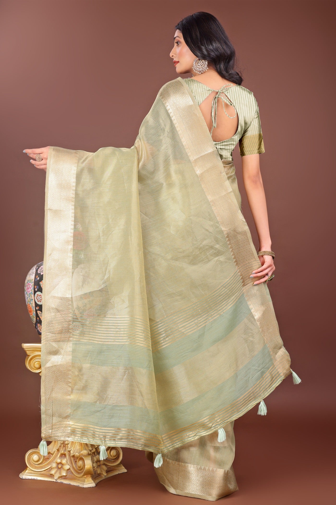 Buy MySilkLove Lawn Green Woven Organza Saree Online