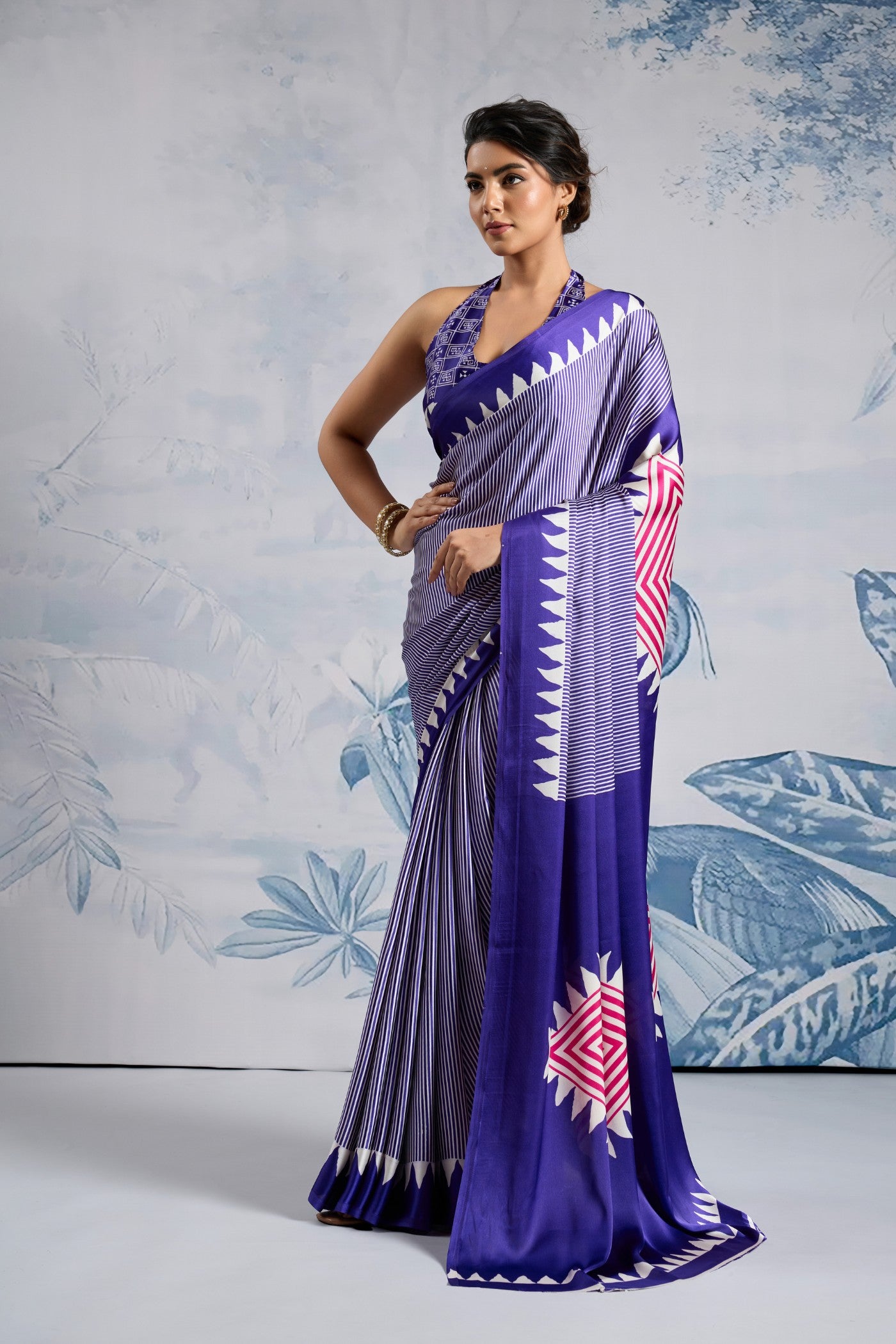 Buy MySilkLove Amatista Purple Stripe Ajrakh Printed Satin Crepe Silk Saree Online