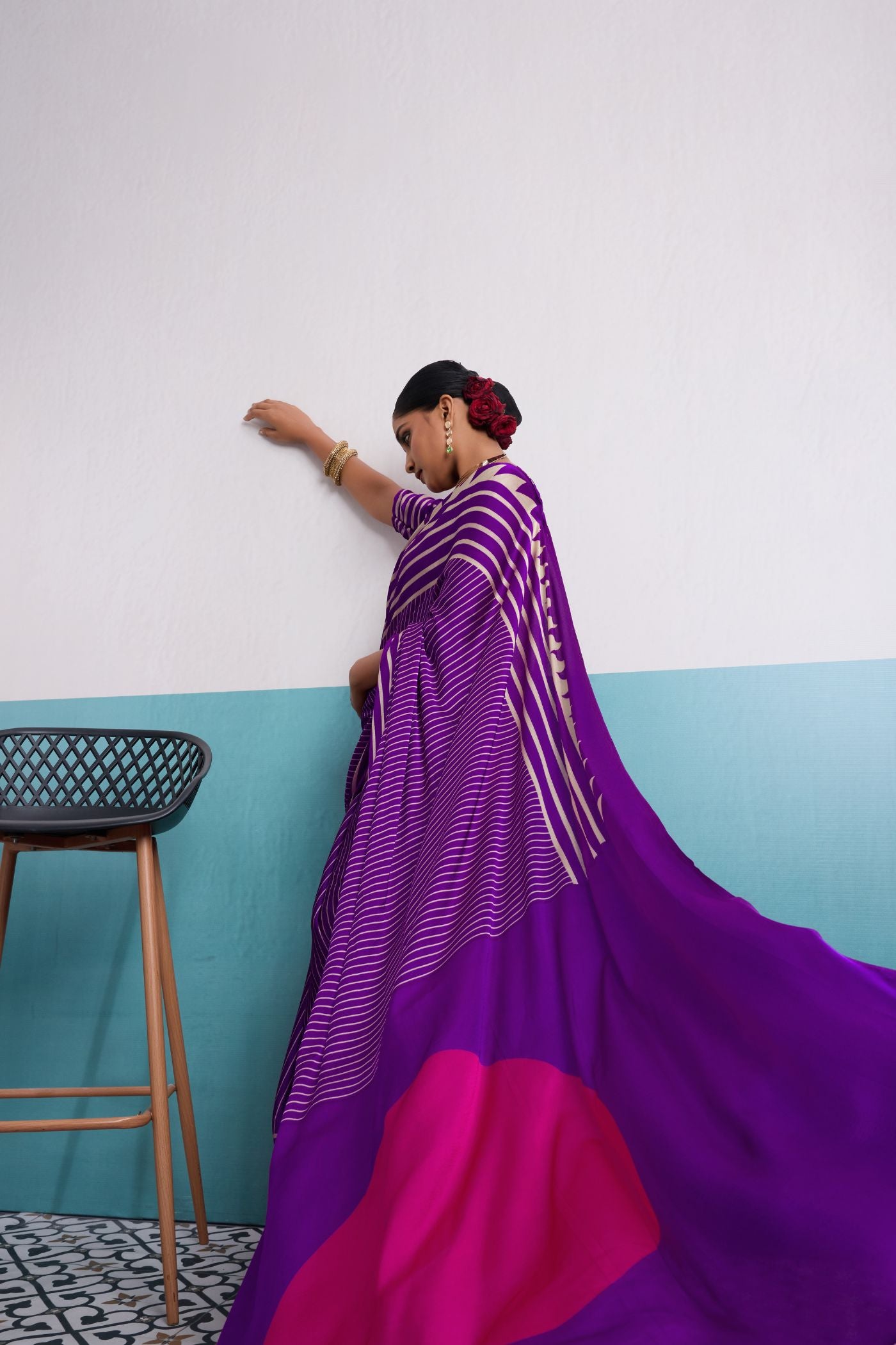 Buy MySilkLove Bloom Purple Stripe Ajrakh Printed Satin Crepe Silk Saree Online