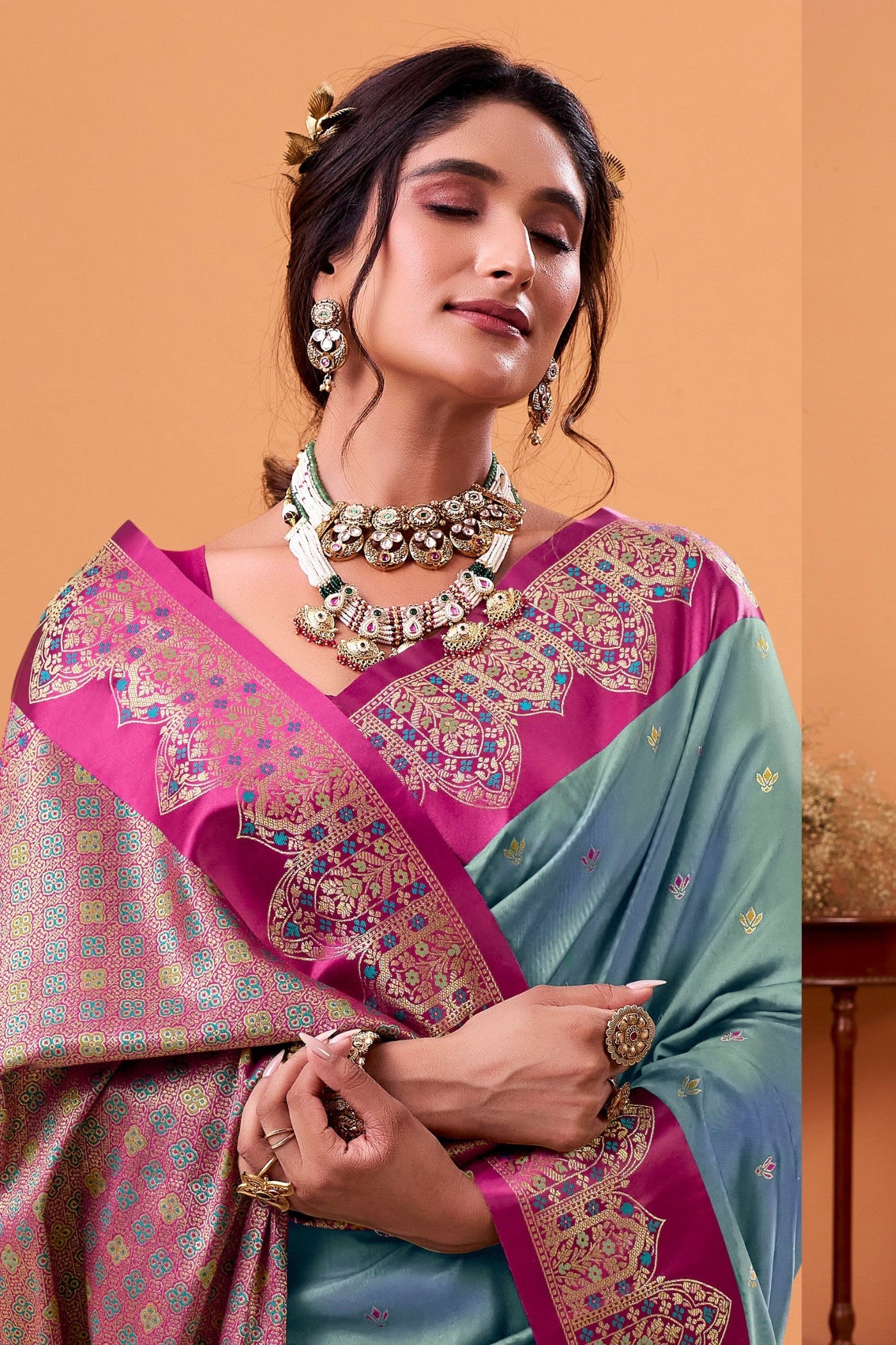 Buy MySilkLove Porpoise Blue Woven Satin Soft Silk Saree Online