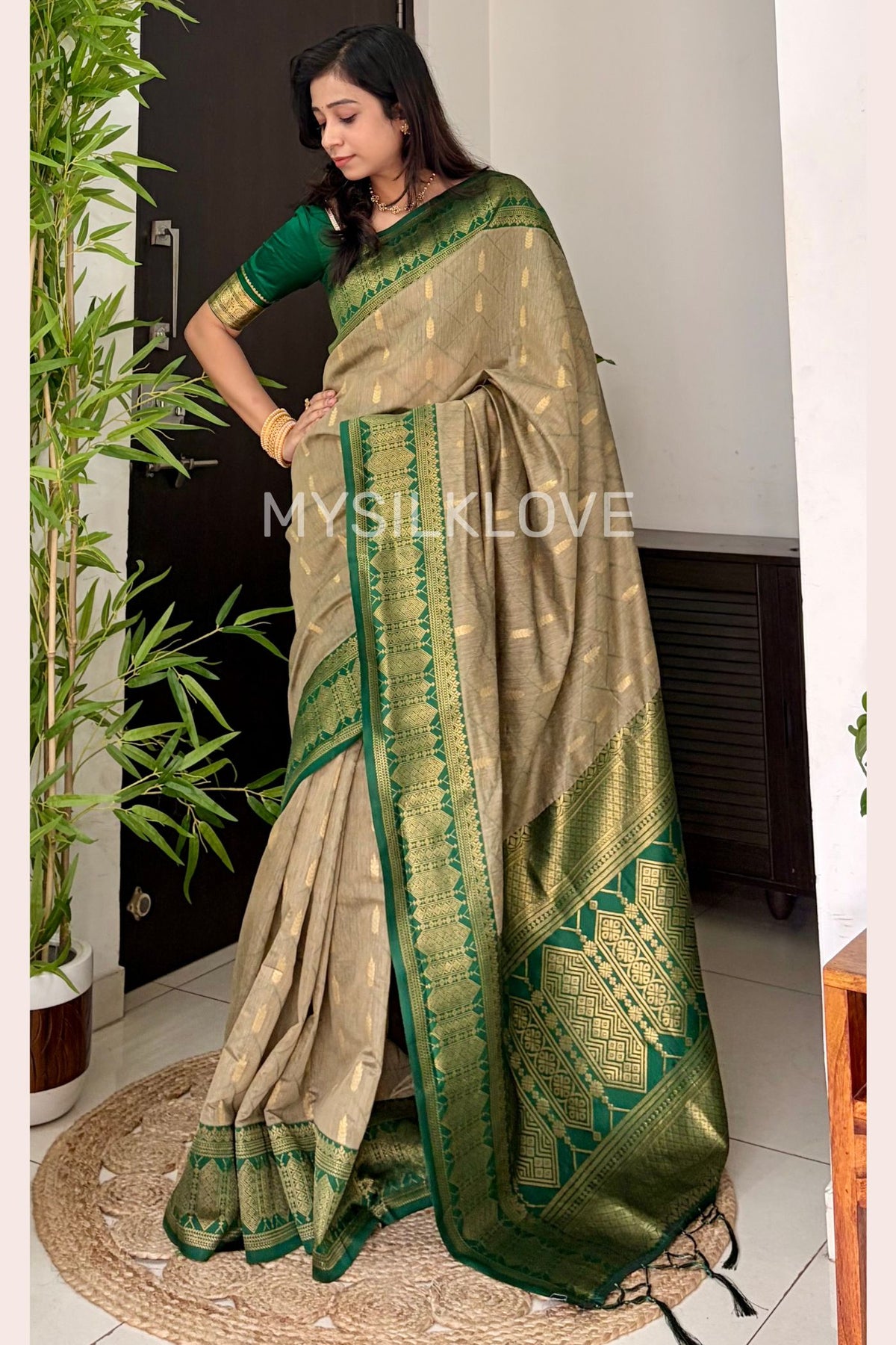 Buy MySilkLove Dust Cream and Green Woven Banarasi Cotton Saree Online