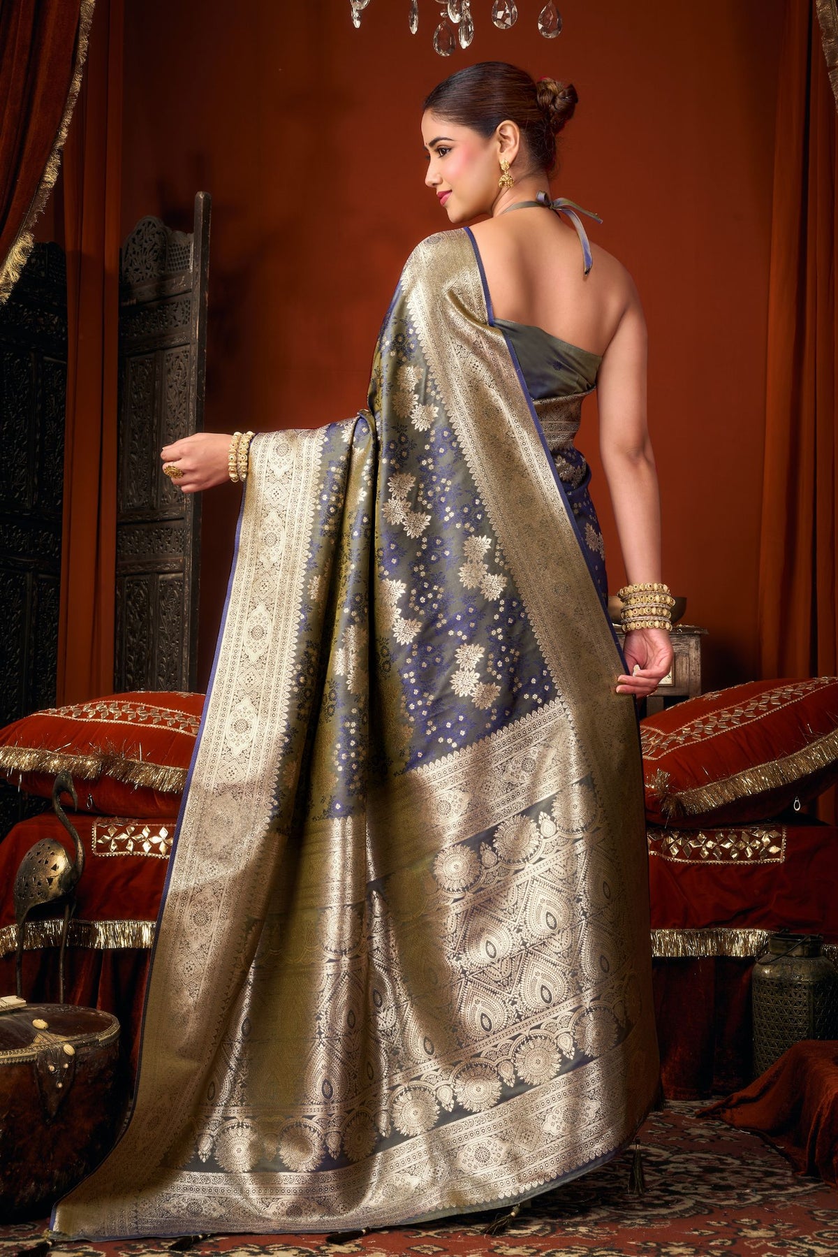 Buy MySilkLove Storm Cloud Grey Woven Banarasi Jacquard Soft Silk Saree Online