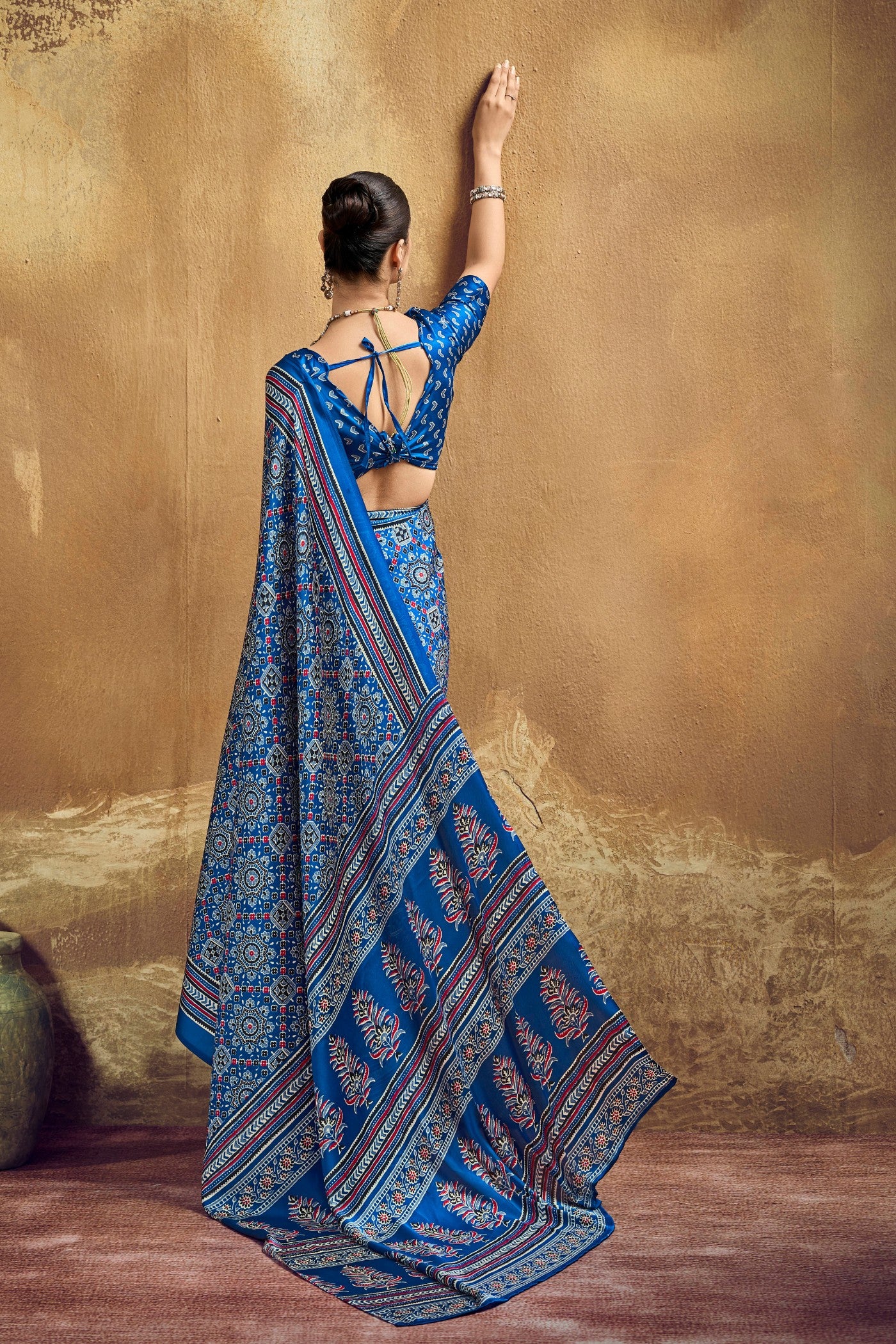 Buy MySilkLove Arctic Blue Modal Ajrakh Satin Printed Silk Saree Online