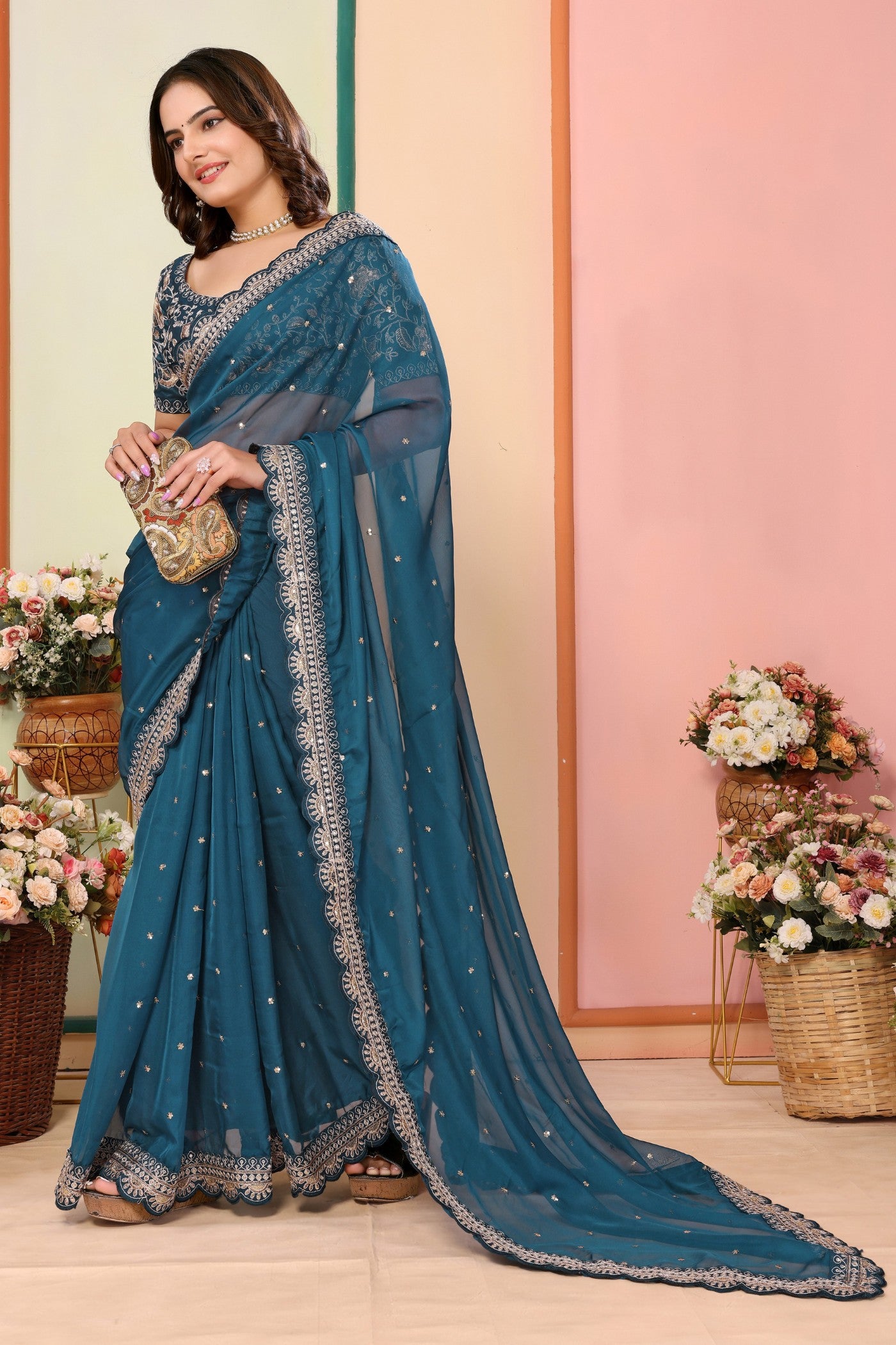 Buy MySilkLove Powder Blue Organza Designer Partywear Saree Online