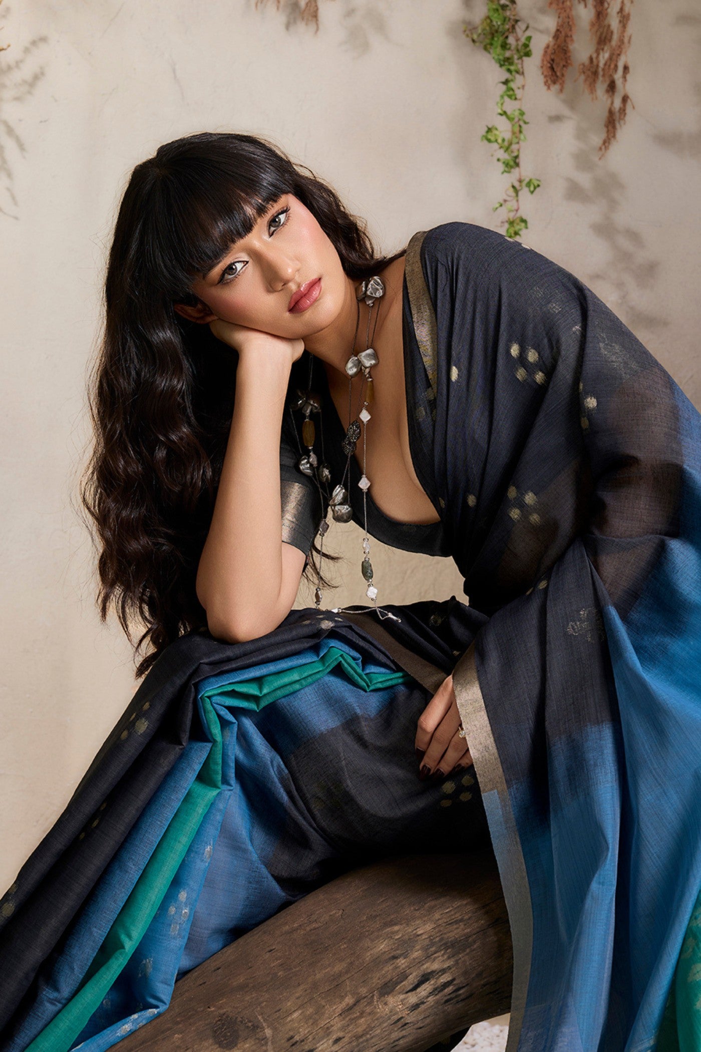 MySilkLove Phantom Black and Blue Handloom Cotton Saree