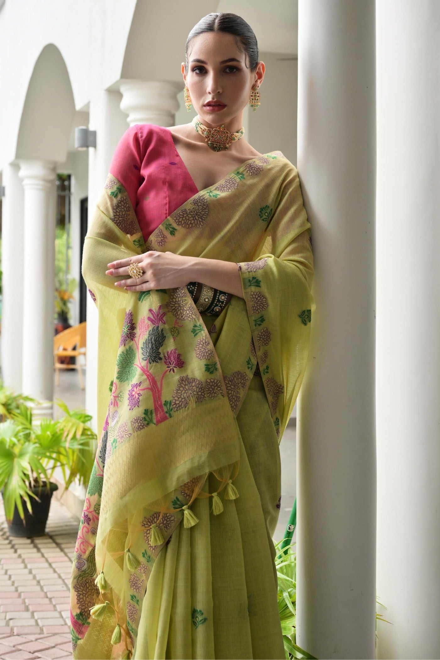 Buy MySilkLove Jad Green Woven Muga Cotton Saree Online