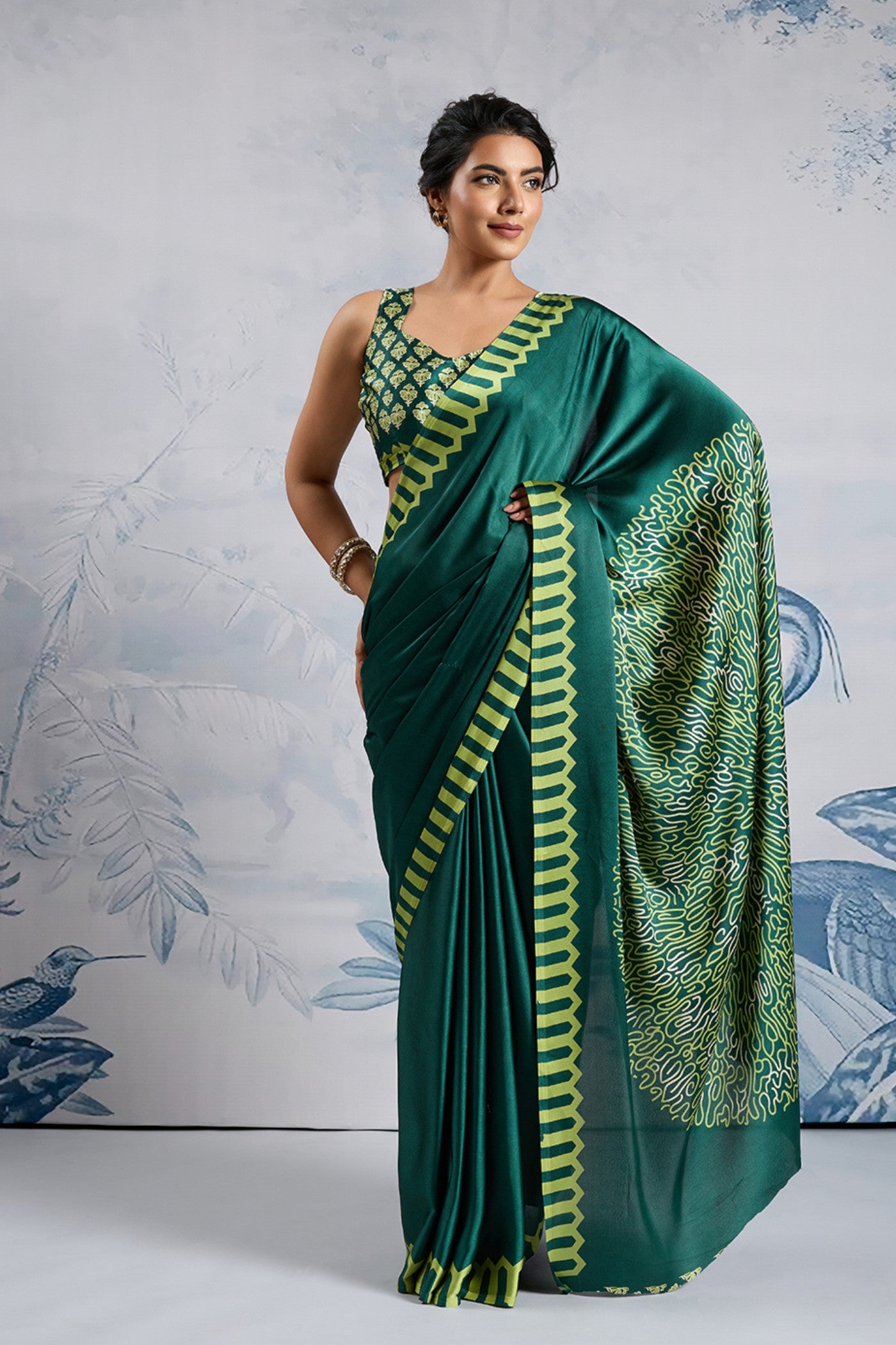Buy MySilkLove Apple Pop Green Printed Satin Crepe Silk Saree Online