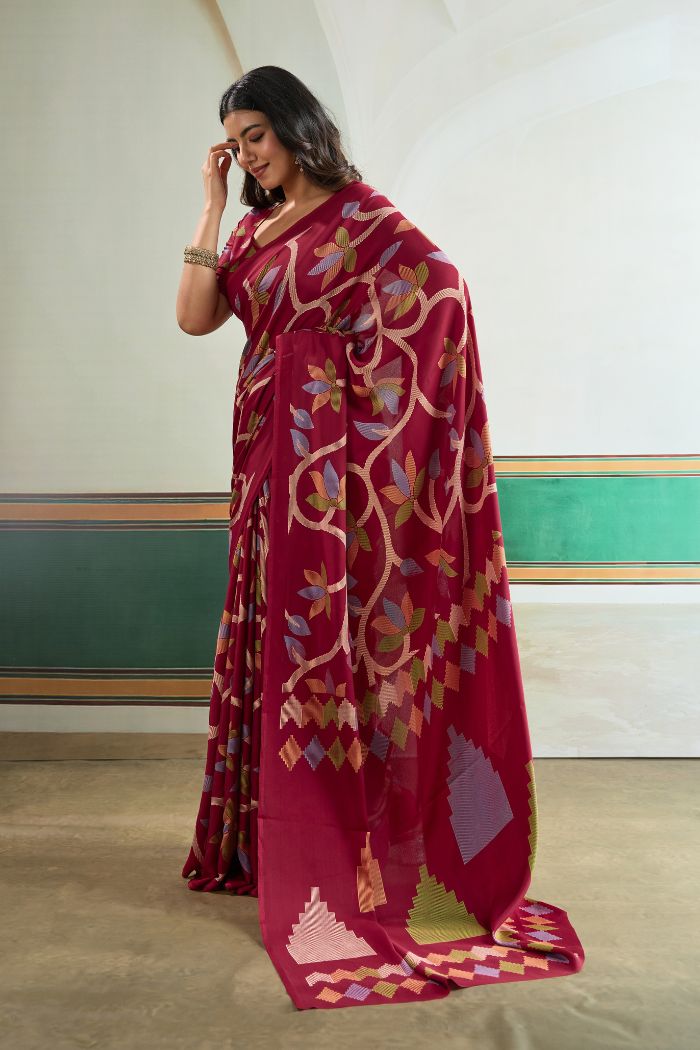 Buy MySilkLove Claret Maroon Modal Ajrakh Printed Satin Silk Saree Online