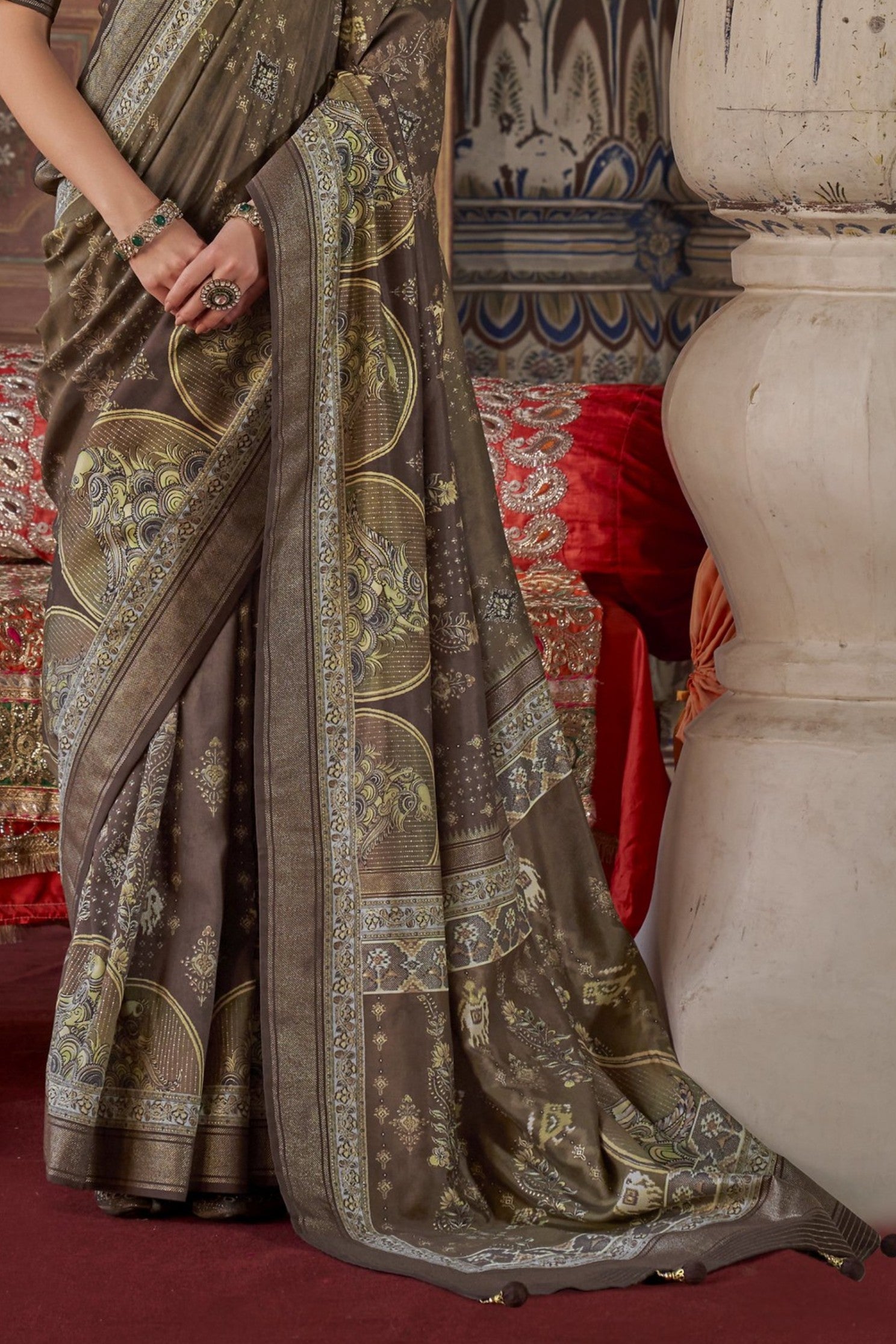 Buy MySilkLove Mocha Brown Printed Banarasi Saree Online