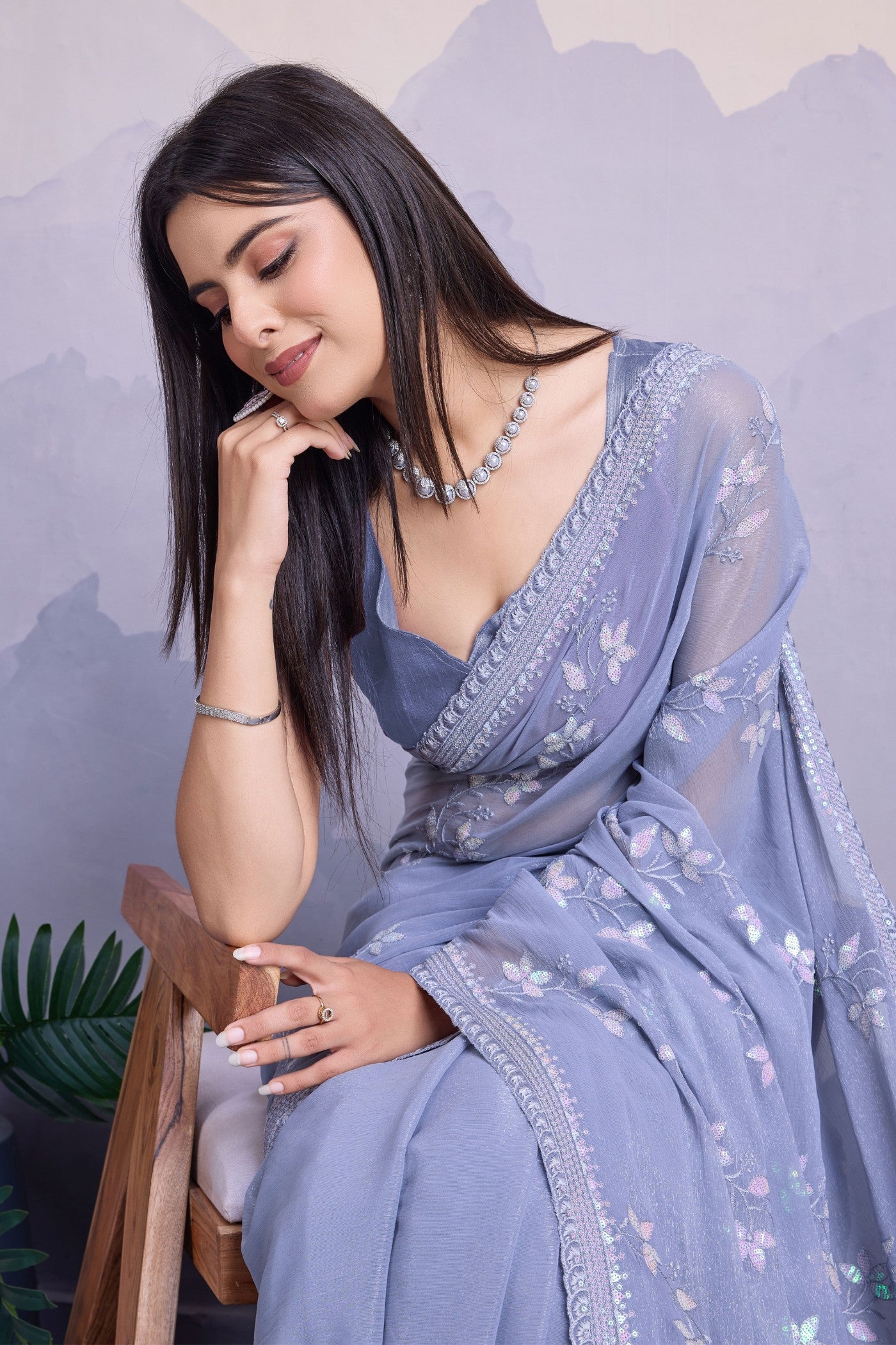 Buy MySilkLove Columbia Grey Embroidered Designer Chiffon Saree Online
