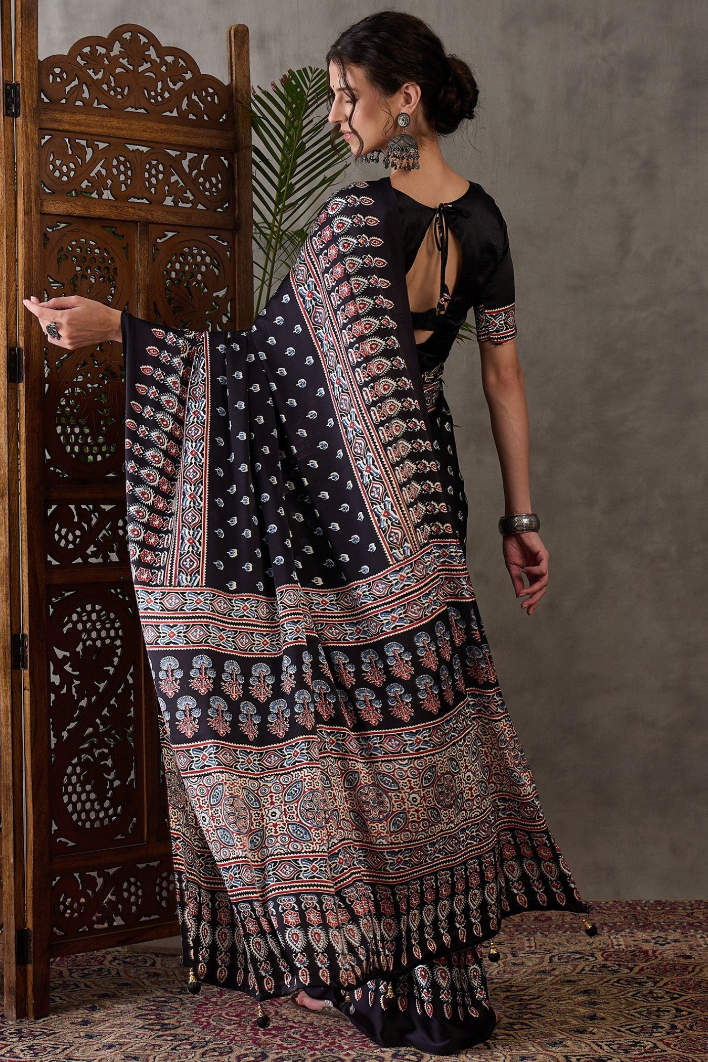 Buy MySilkLove Tuna Black Printed Satin Gaji Silk Saree Online