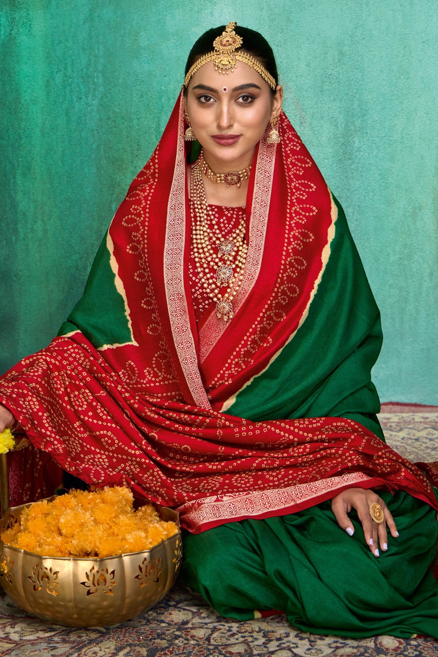 Buy MySilkLove Dark Green Tussar Bandhani Silk Saree Online