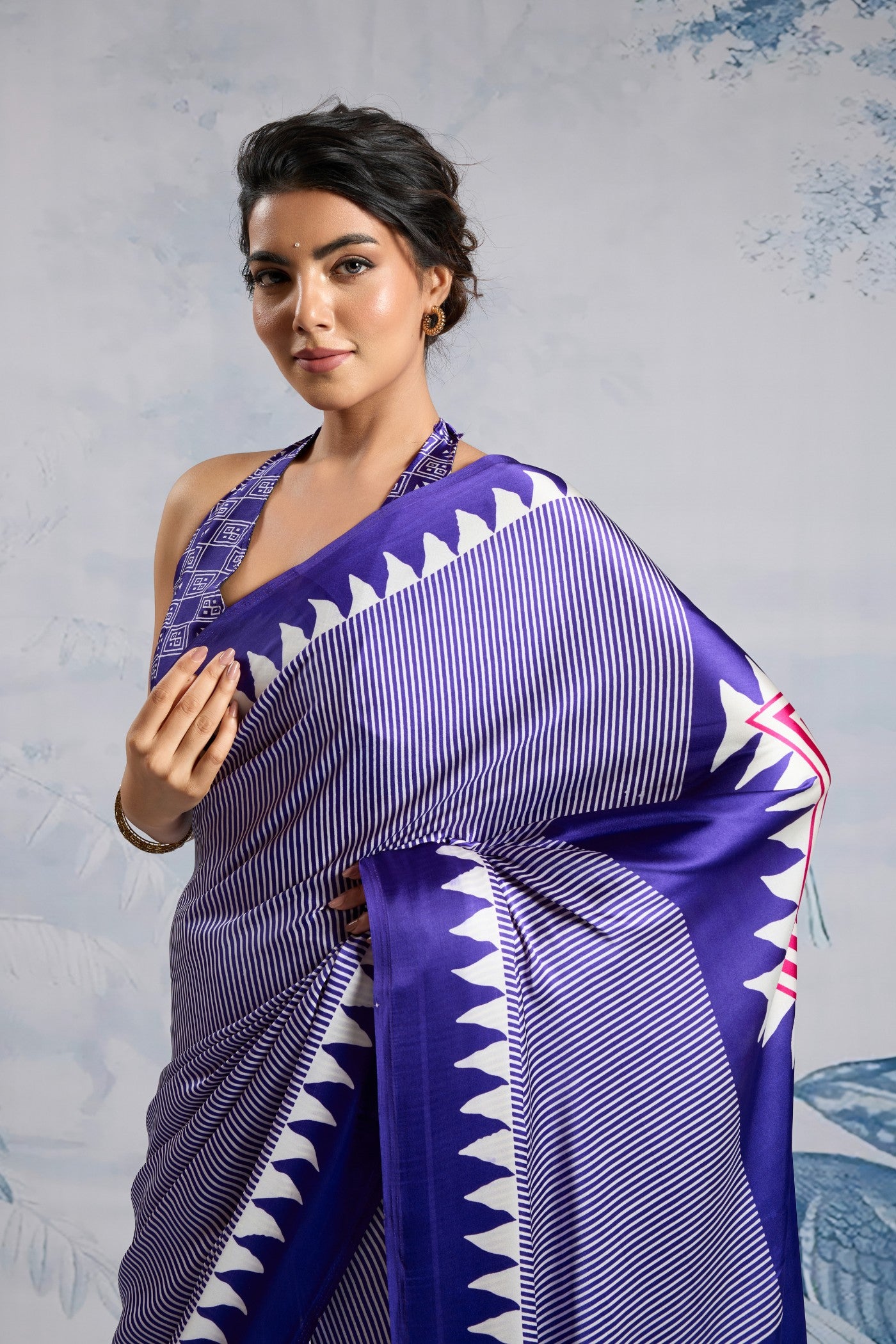 MySilkLove Amatista Purple Stripe Ajrakh Printed Satin Crepe Silk Saree