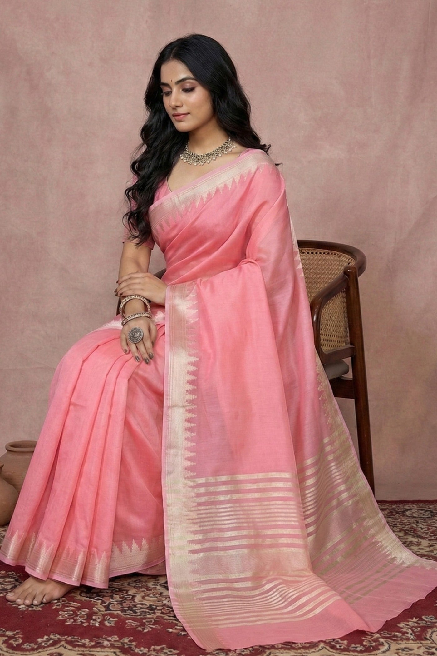 MySilkLove Baby Pink Woven Banarasi Soft Silk Saree