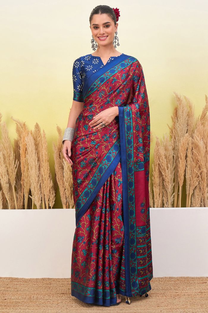 Buy MySilkLove Chili Red and Blue Modal Satin Printed Silk Saree Online