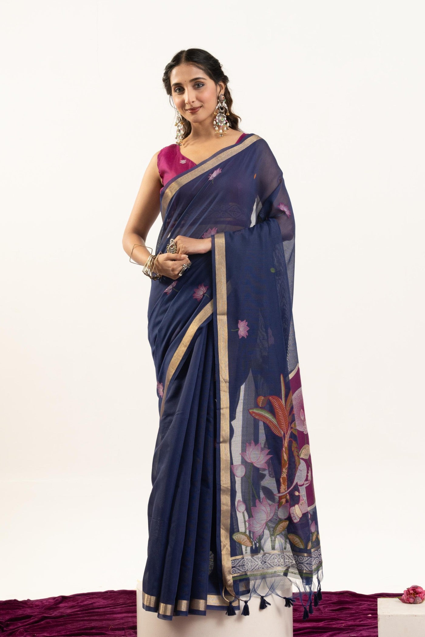 Buy MySilkLove Majesty Blue Woven Soft Muga Cotton Saree Online