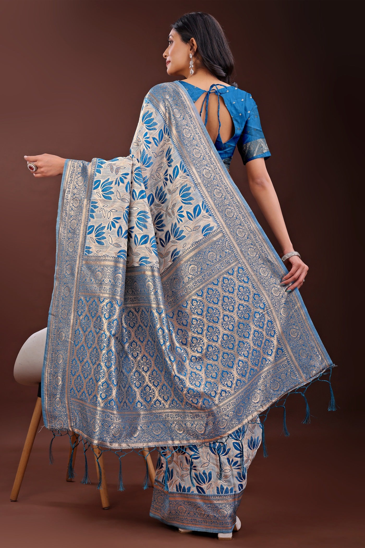 Buy MySilkLove Butterfly Blue Linen Cotton Saree Online