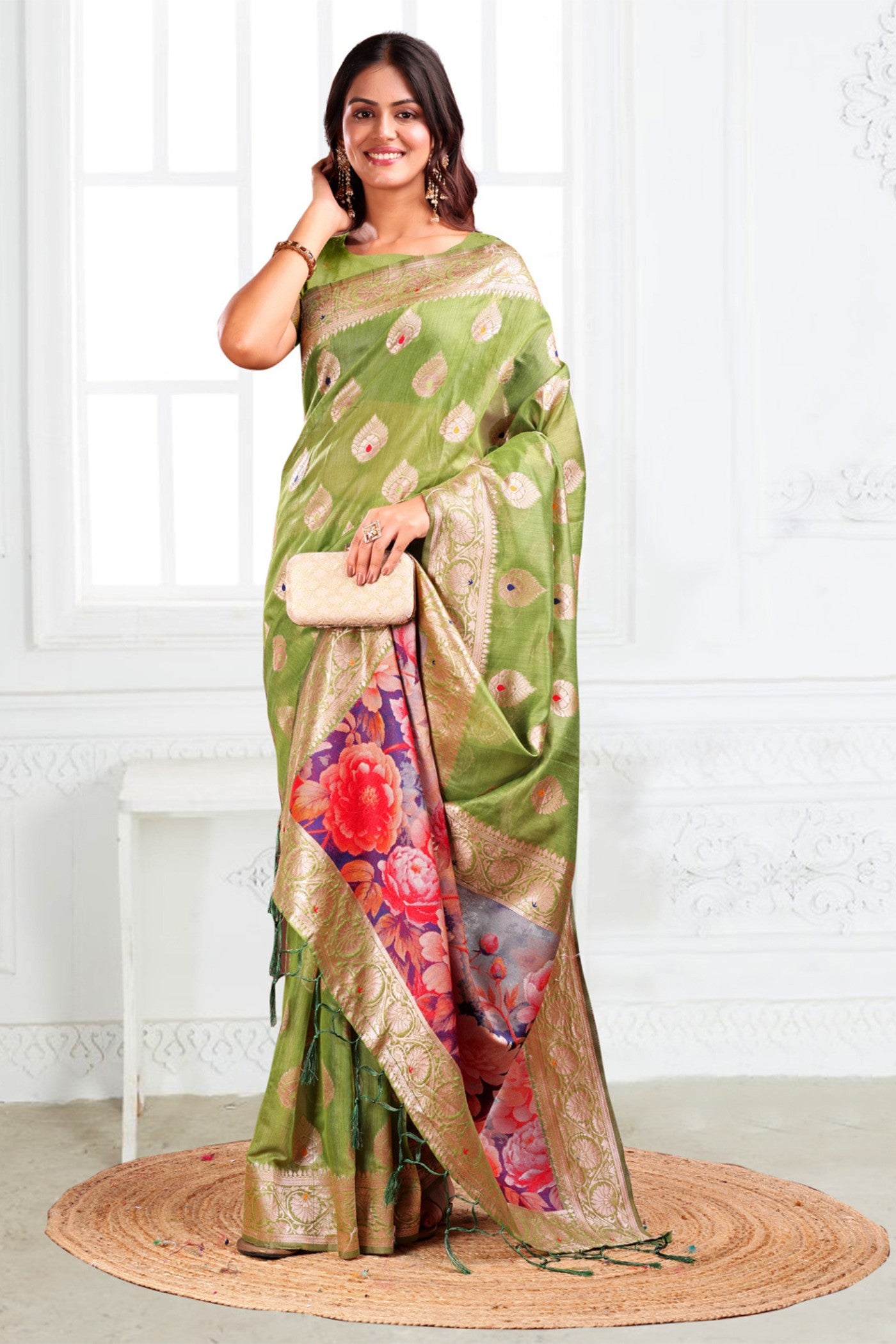 Buy MySilkLove Lime Green Woven Linen Cotton Saree Online