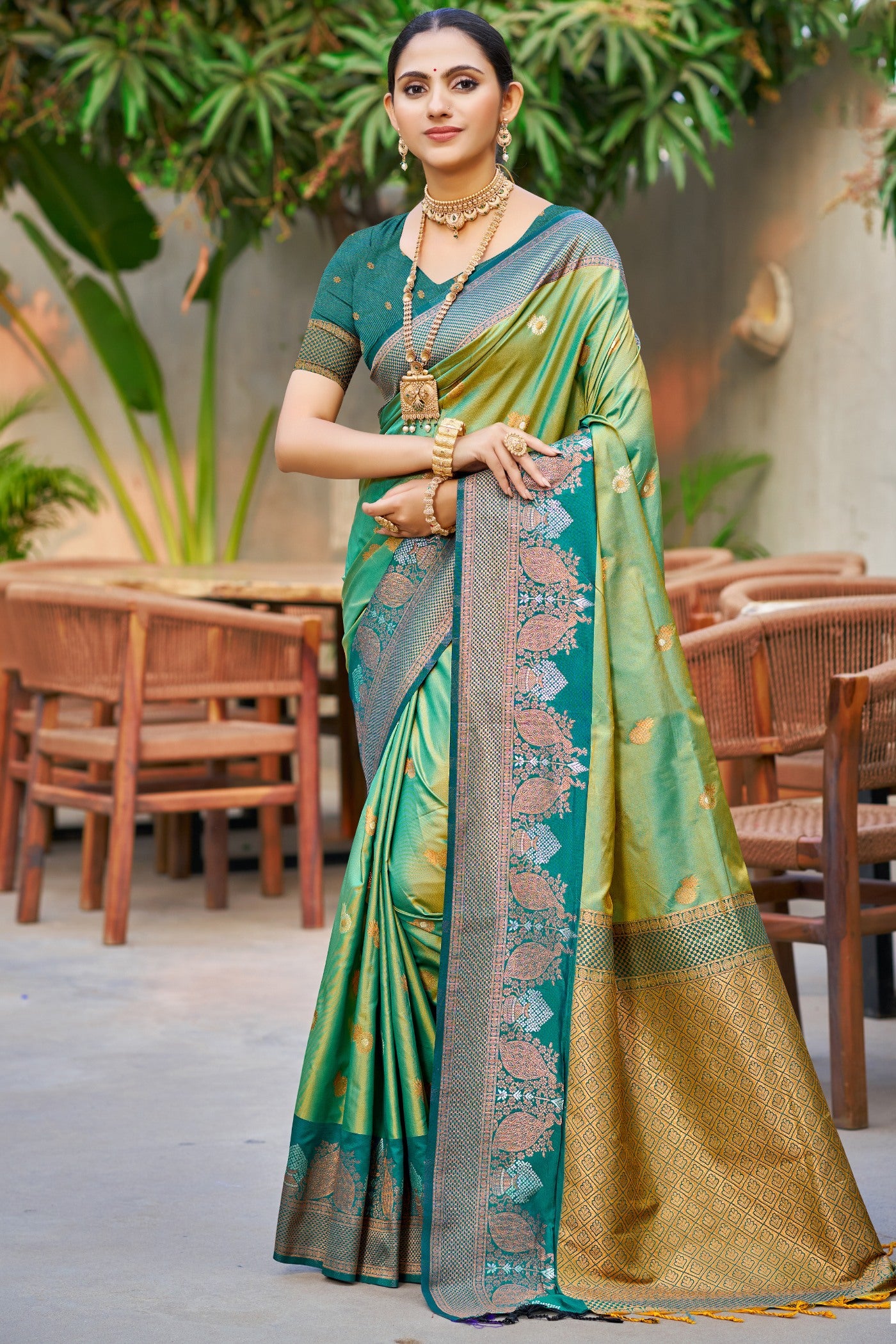 Buy MySilkLove Sage Green Woven Banarasi Saree Online
