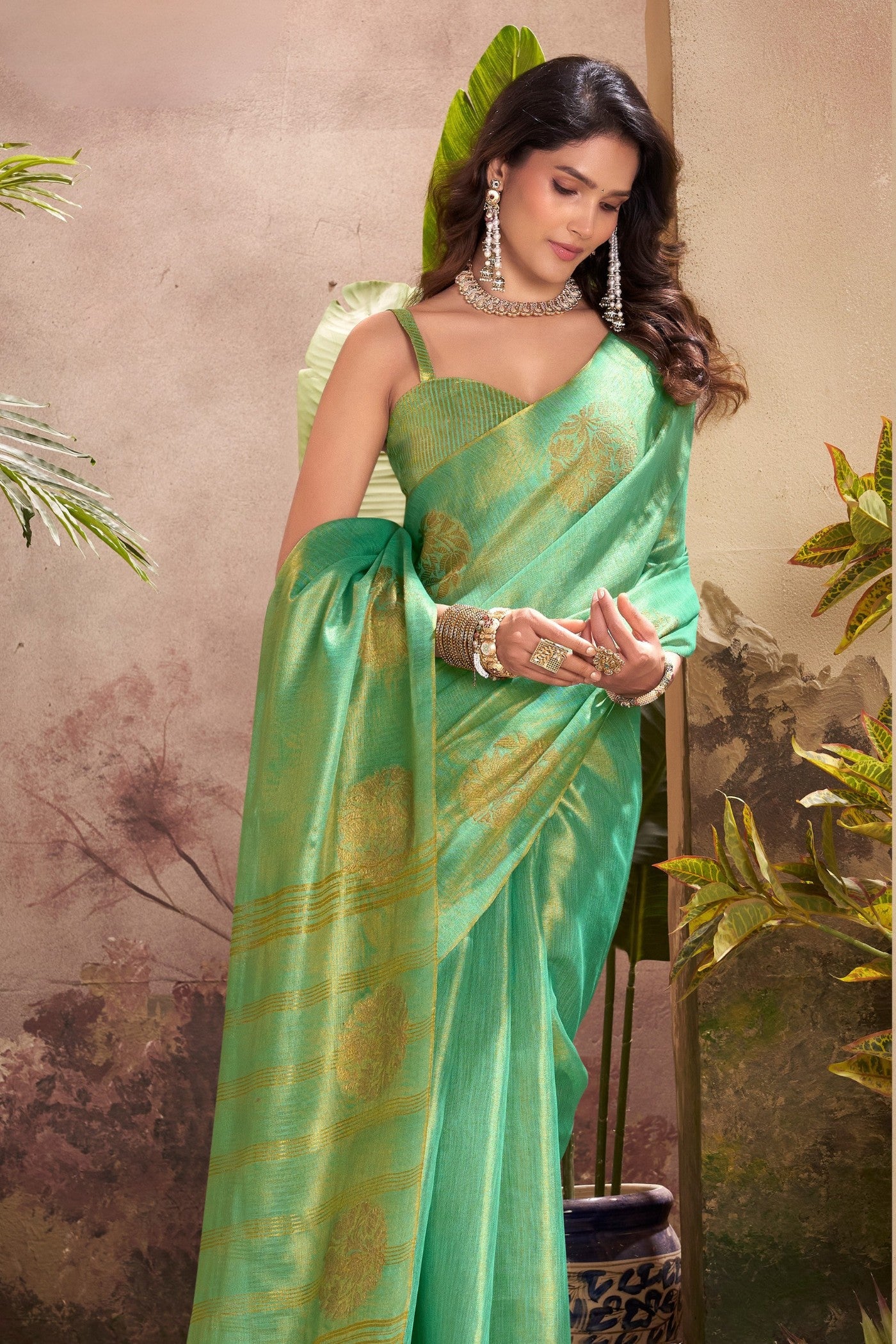 Buy MySilkLove Chartreuse Green Woven Tissue Saree Online