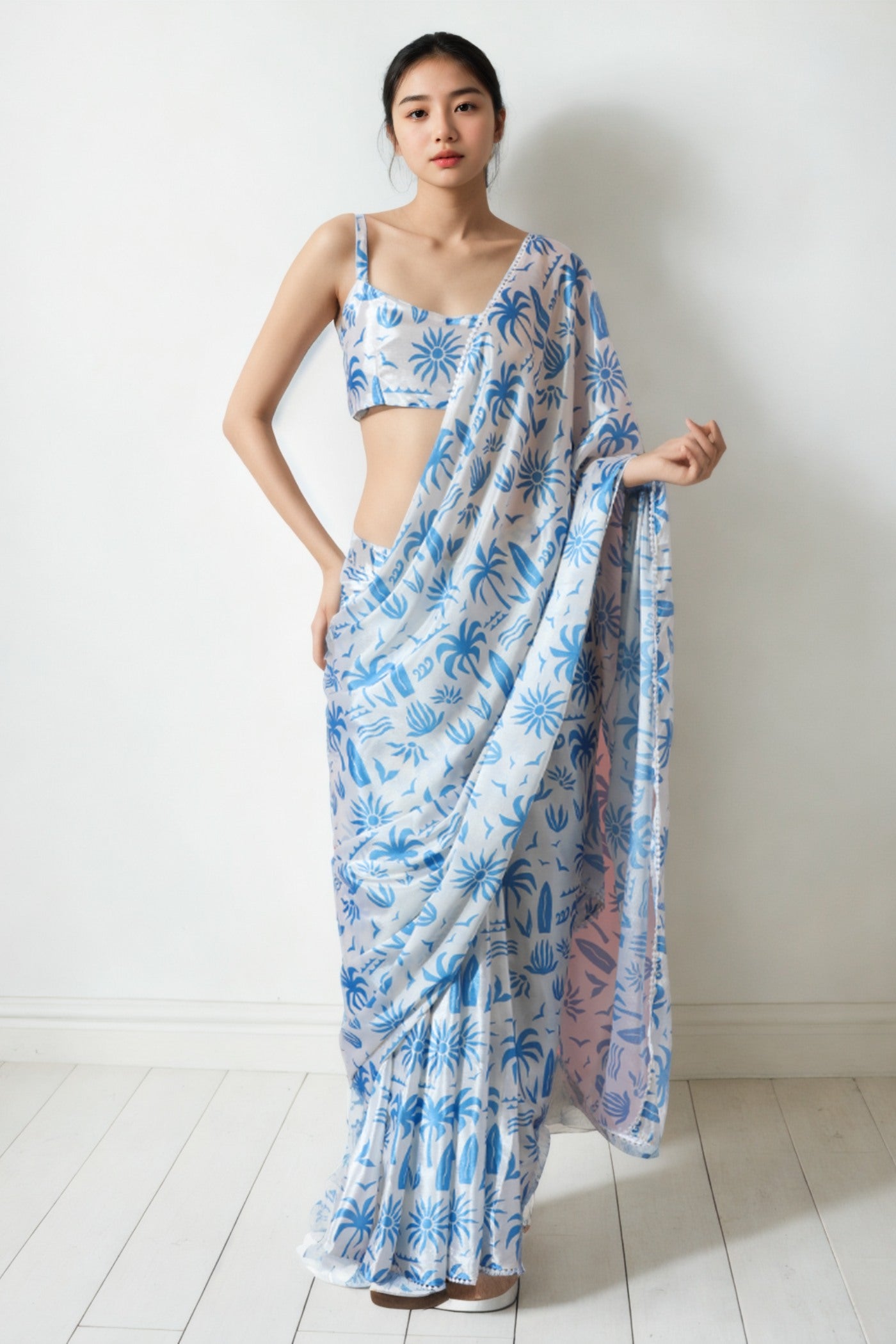 Buy MySilkLove Sky Blue Chinon Printed Ready To Wear Saree Online