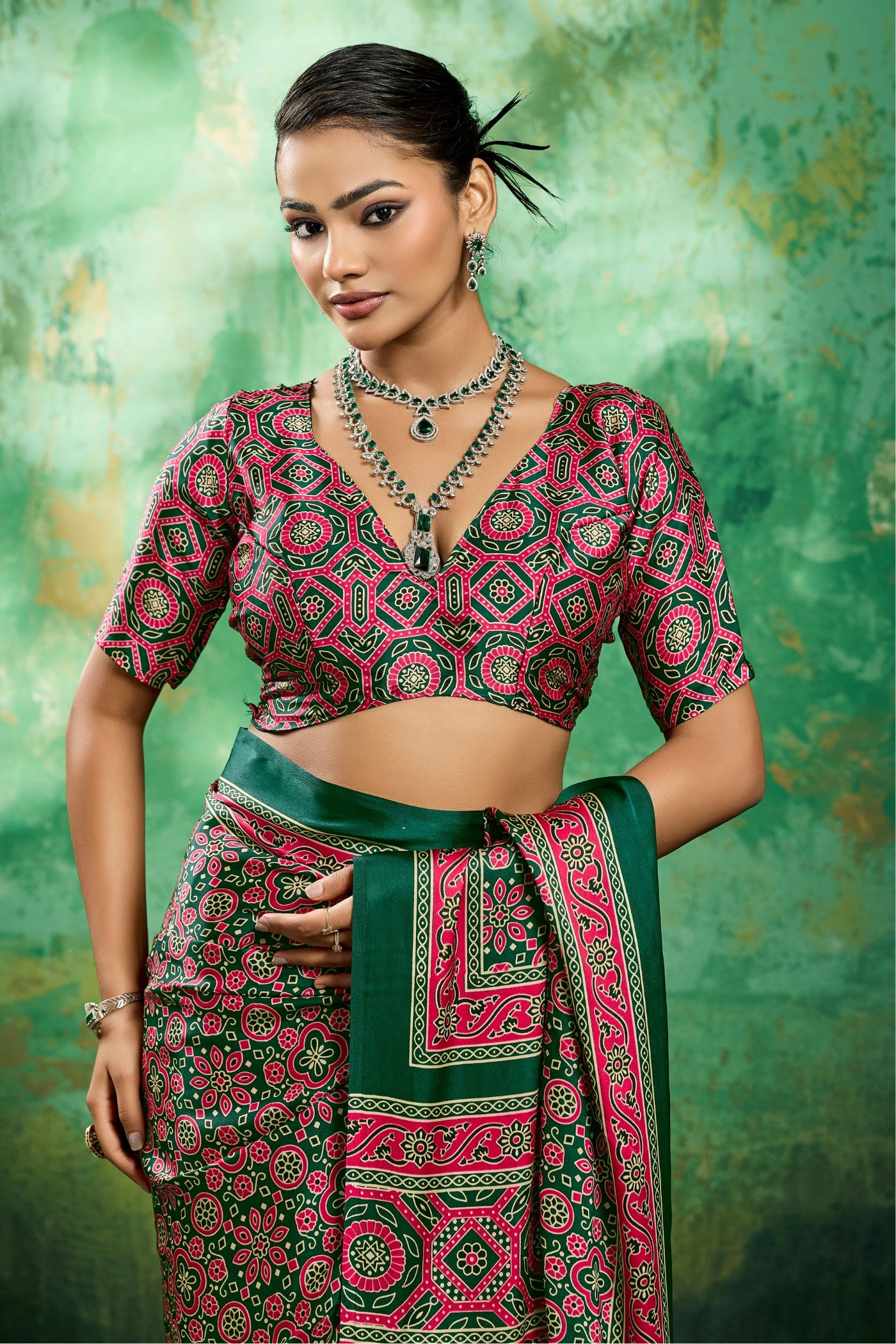 Buy MySilkLove Royal Emerald Green Modal Ajrakh Satin Printed Silk Saree Online