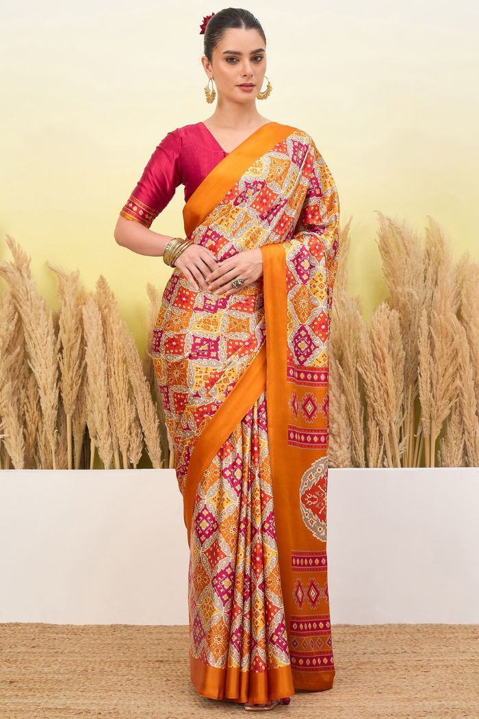 Buy MySilkLove Burnt Yellow Patola Printed Satin Crepe Silk Saree Online