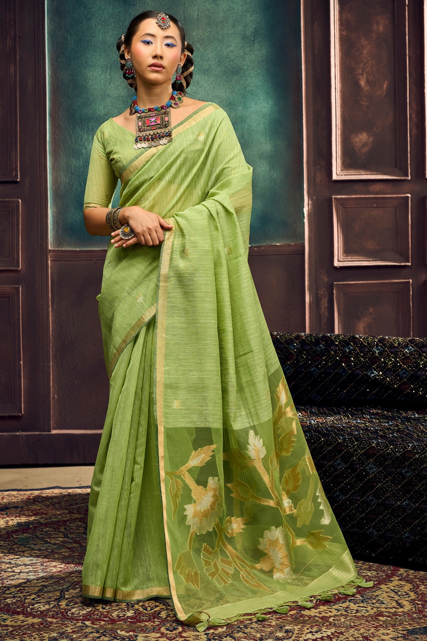 Buy MySilkLove Pear Green Munga Handloom Cotton Saree Online