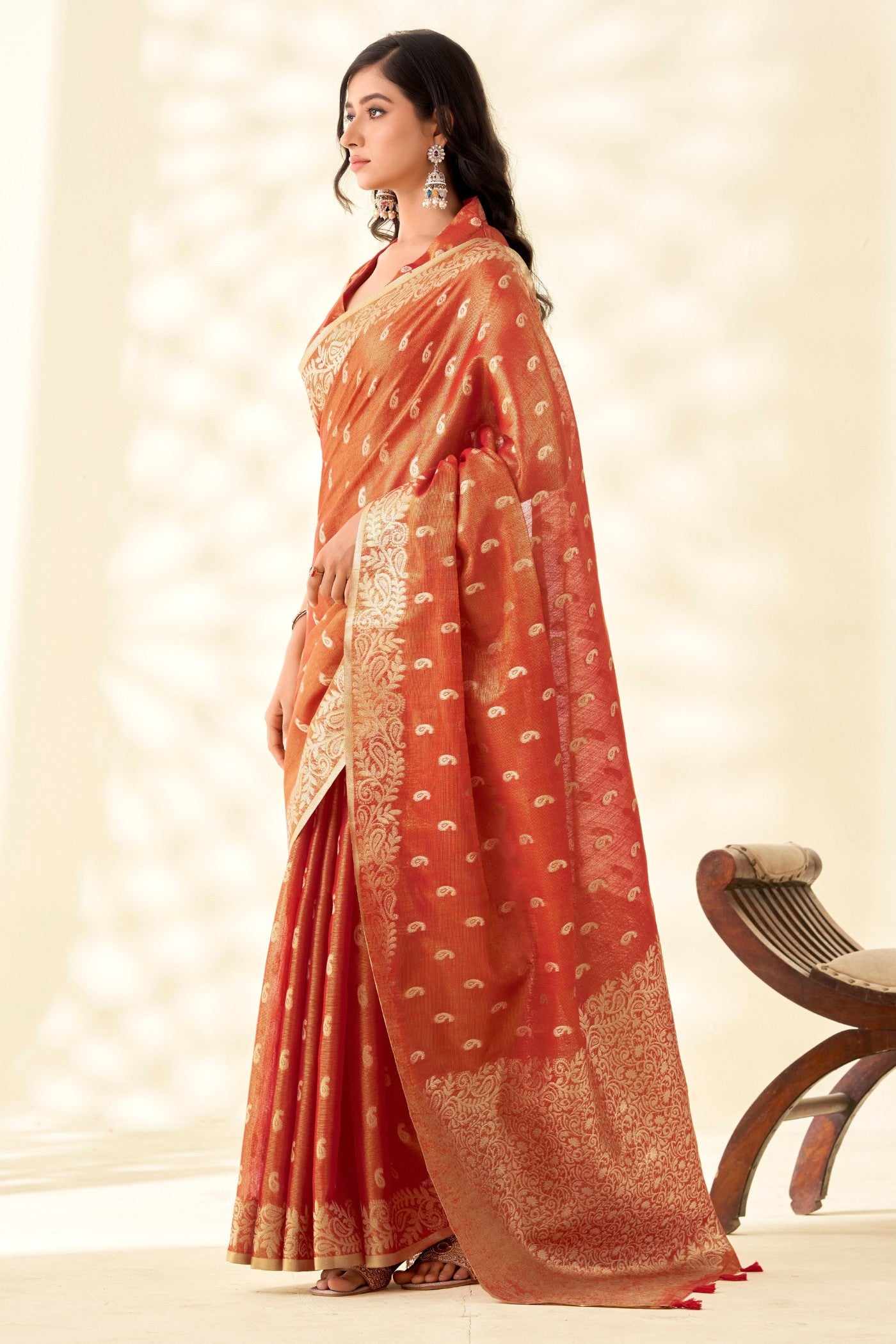 Buy MySilkLove Coral Orange Woven Tissue Linen Saree Online