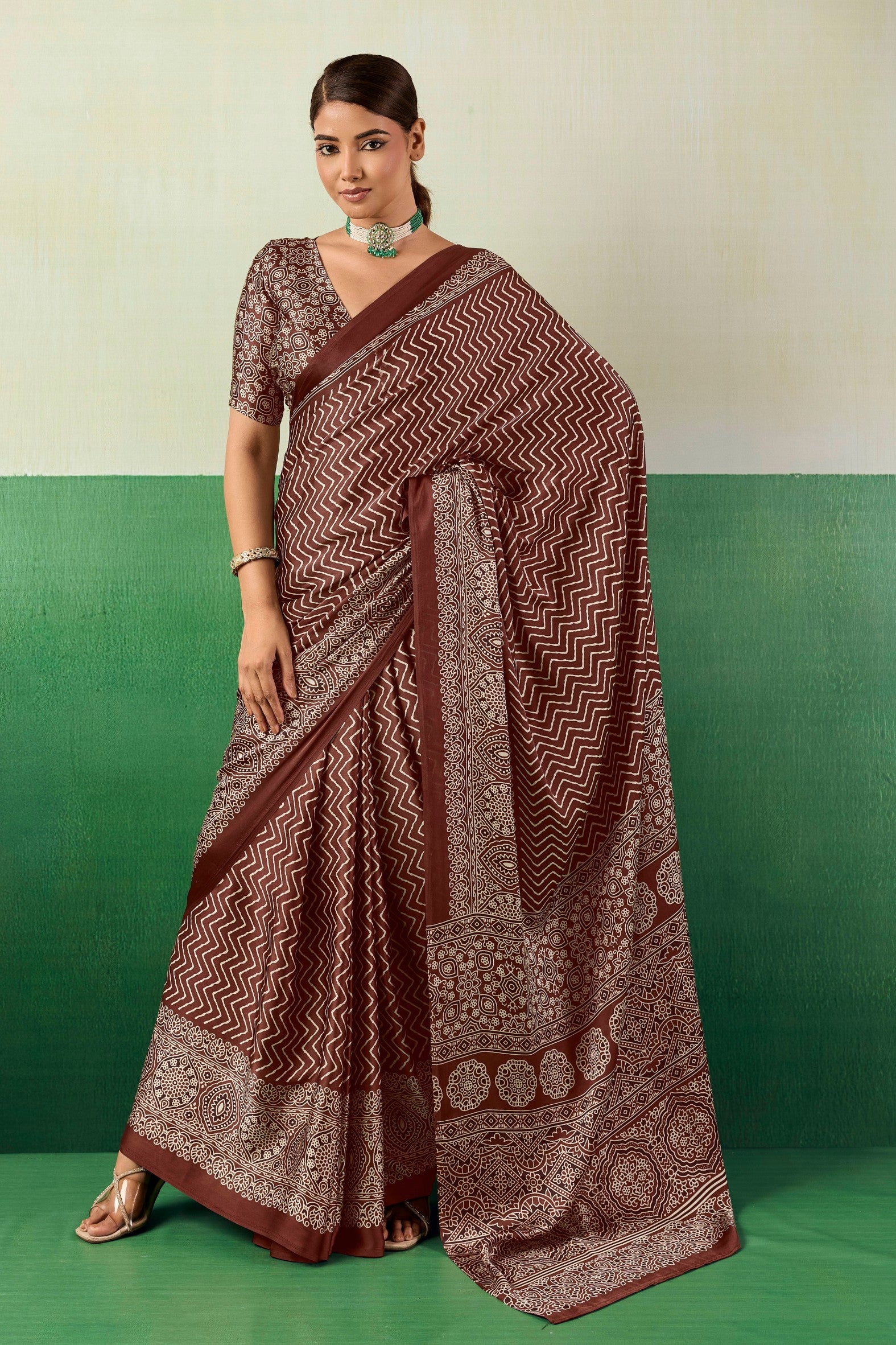 Buy MySilkLove Mulberry Maroon Modal Ajrakh Satin Printed Silk Saree Online