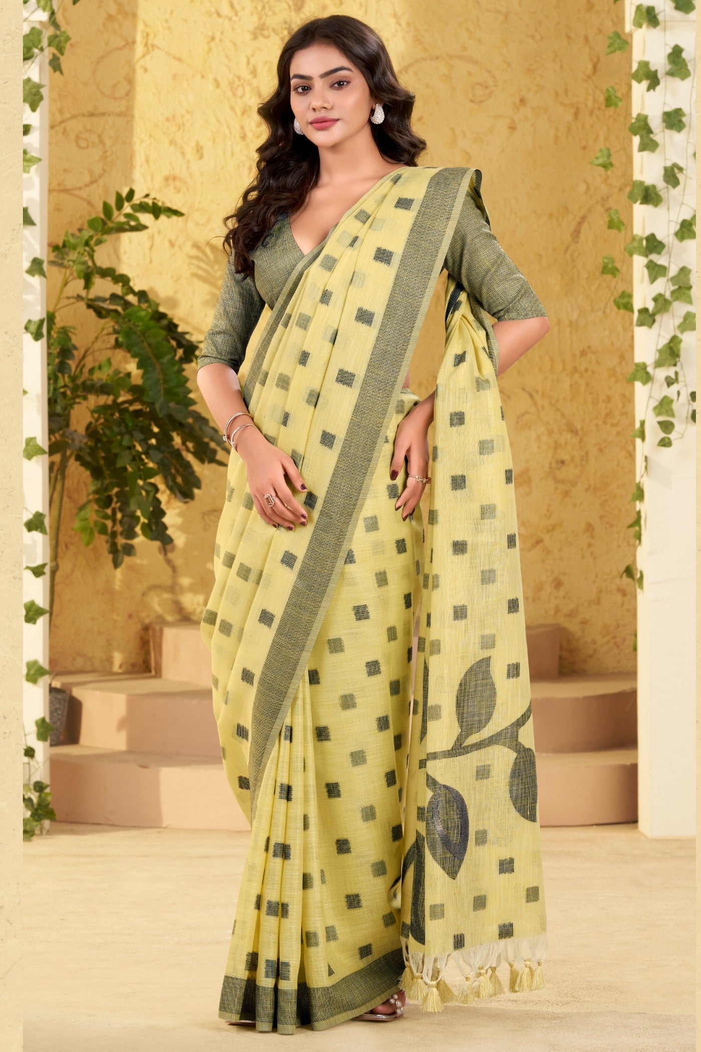 Buy MySilkLove Pastel Yellow Woven Linen Saree Online